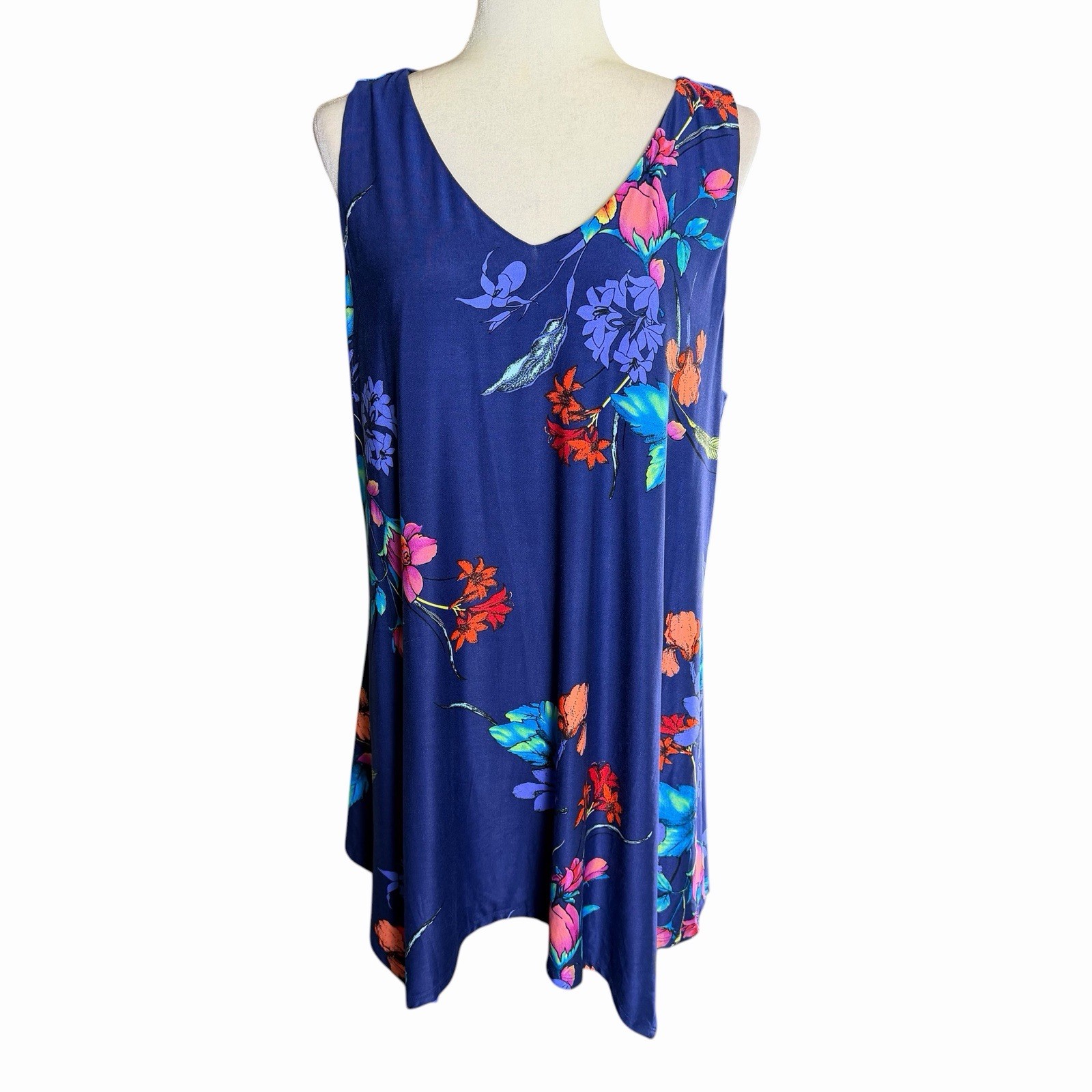 Soma Bliss Knit Tie Neck Tunic Floral Blue XL Feminine Coastal Career NWT