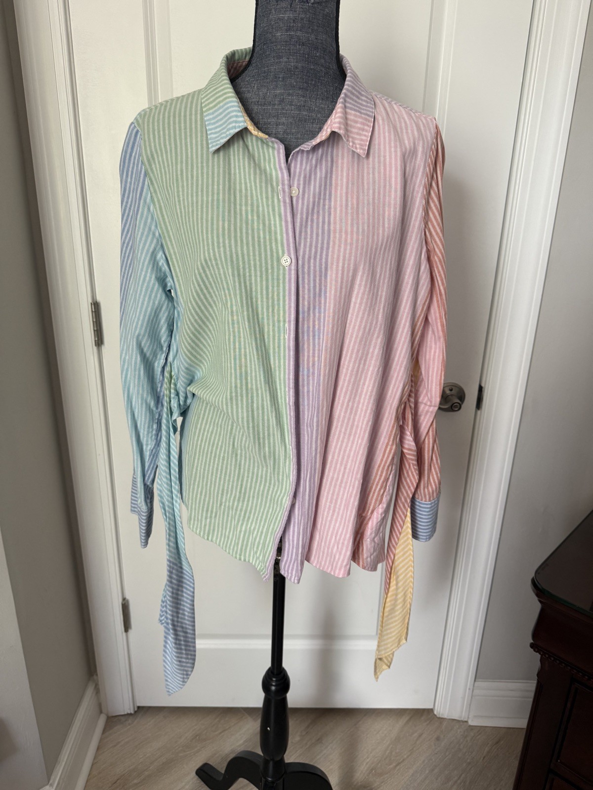 Tommy Hilfiger Women Striped Multi Colorblock Tie Front Cotton Blouse Top Sz L
