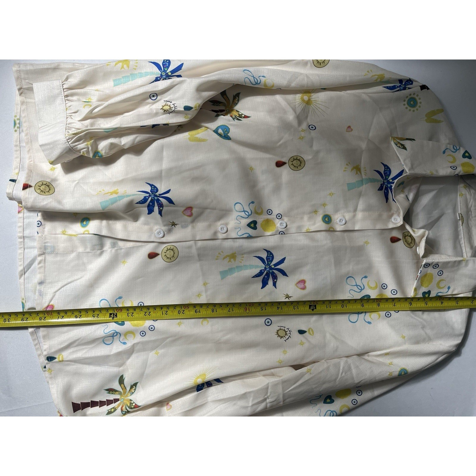 Linen Blend Celestial Print Button Up Blouse Women’s Medium Boho Cottagecore