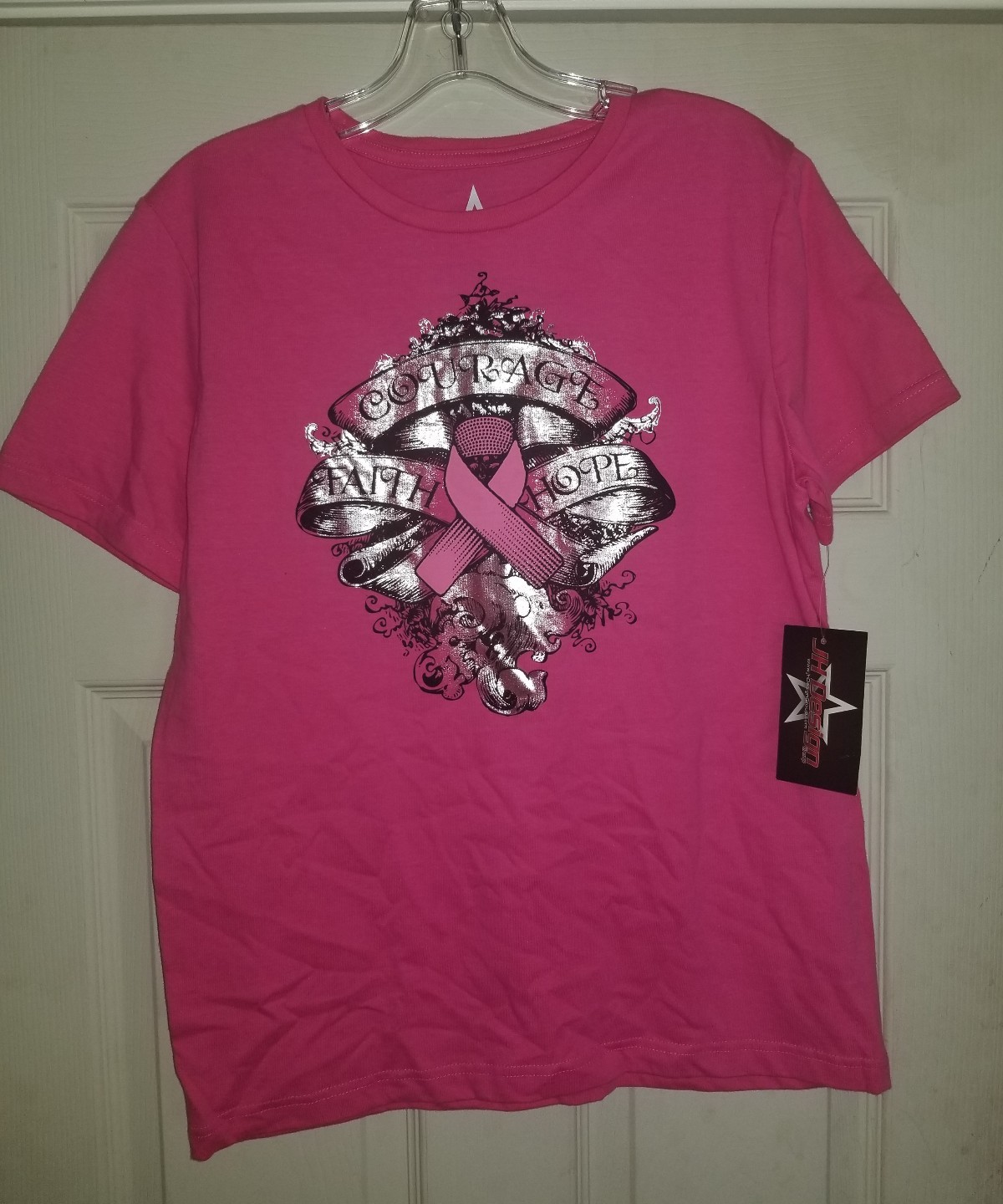 New Womens Pink Ribbon Courage Faith Hope T Shirt Pink Silver Black