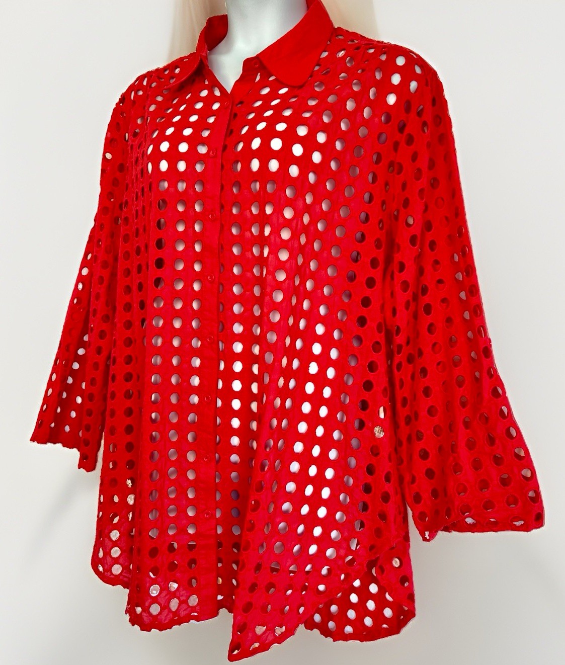 ADIVA Watermelon Openwork Eyelet Blouse Sz: 3X Button Up 3/4 Roll-Tab Sleeves