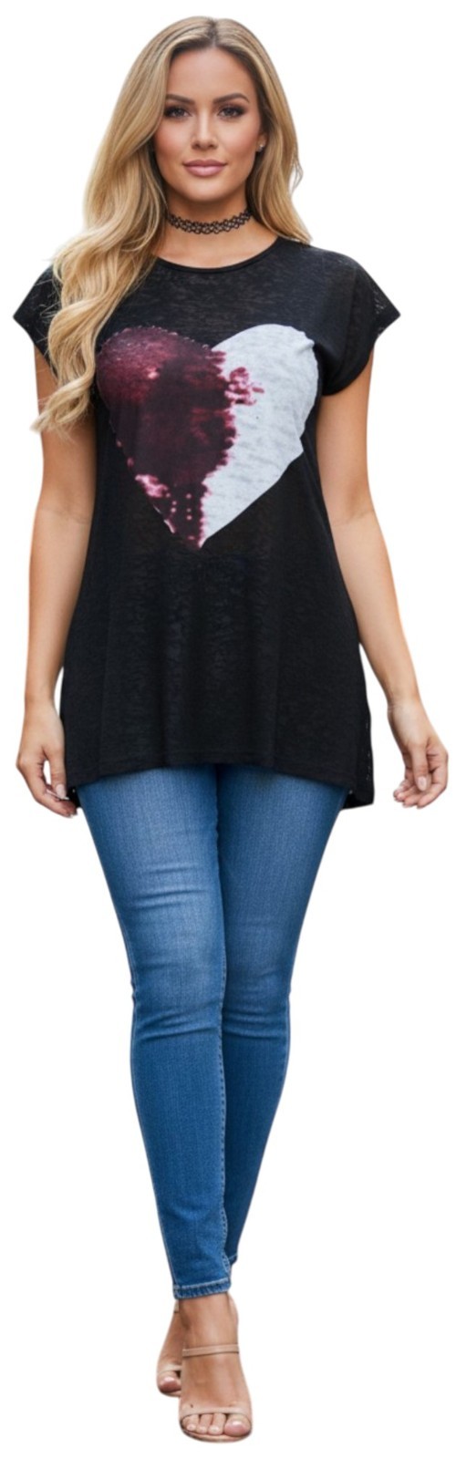 Womens Black Sheer Long Line T Shirt Top Dipped Back Hem Round Neck Lightweight