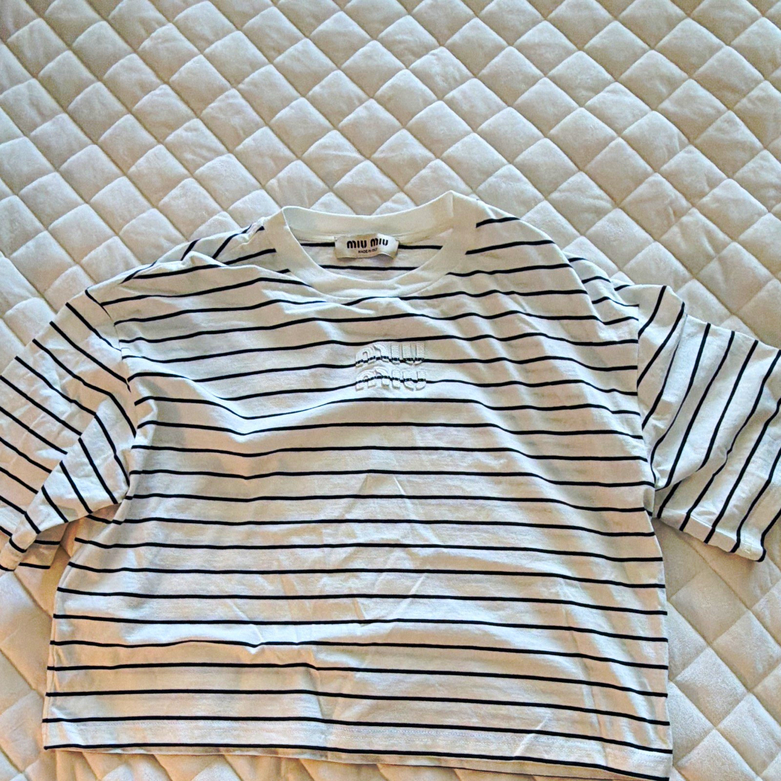 Miu Miu White/Black Striped Logo Embroidered Crew Neck 3/4 Sleeve Tee S