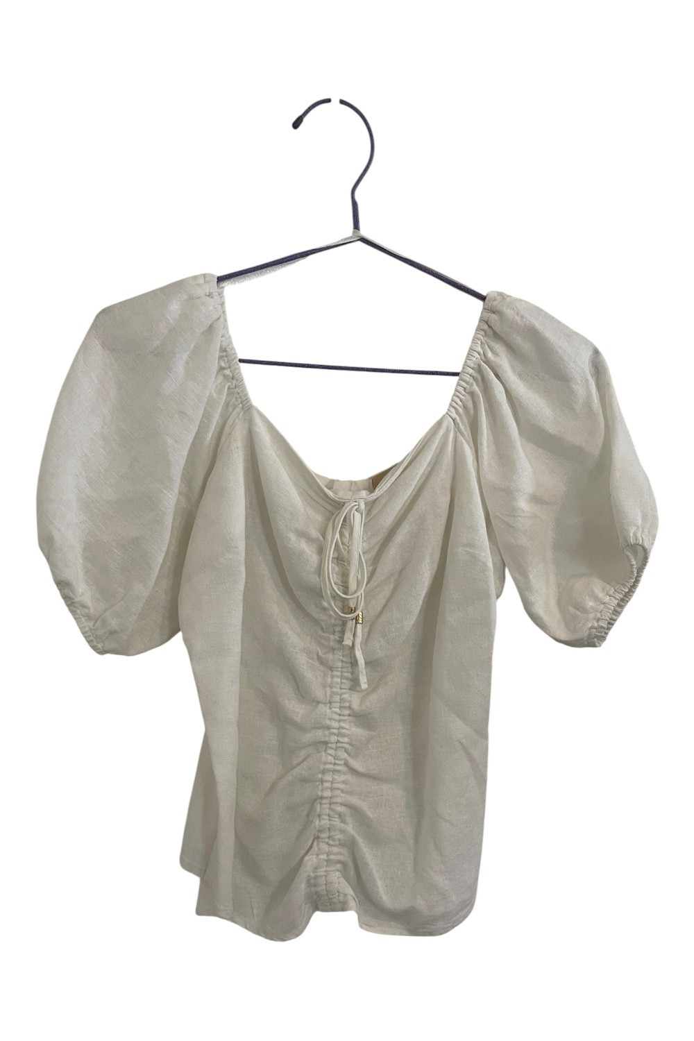 Michael Kors Women’s White Linen Blend Tie Front Puff Sleeve Blouse S/P