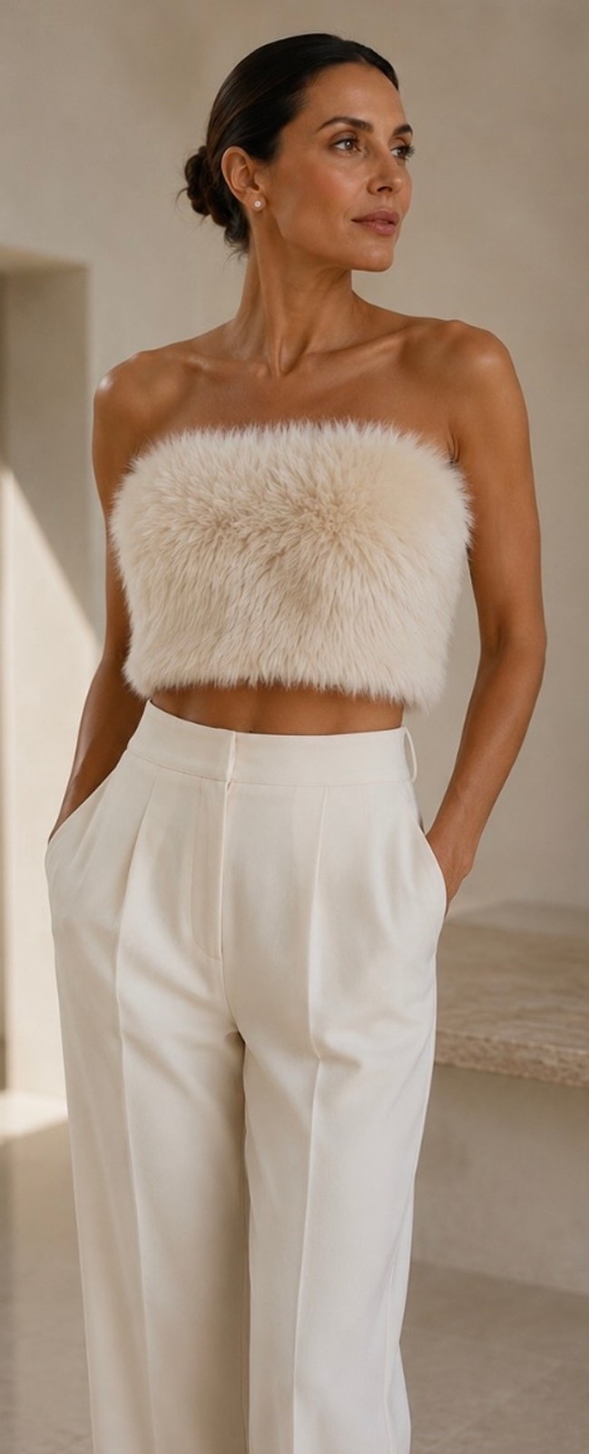 Women’s Lapeco Fox Fur Crop Top, Off White S 16in p to p!