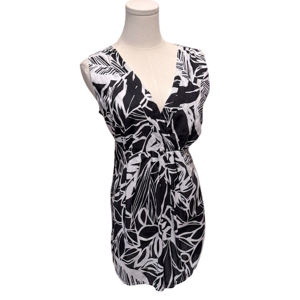 Vintage Y2K Babydoll V-neck Black White Tropical Sleeveless Top Womens Medium