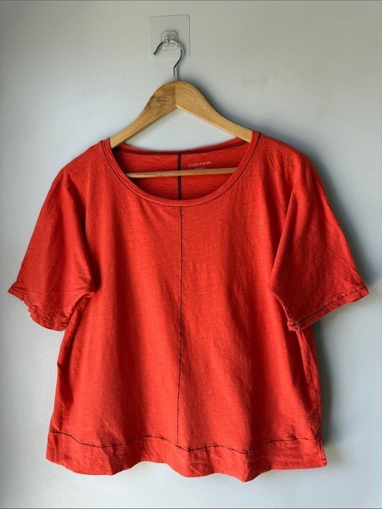 Eileen Fisher Small Organic Cotton Contrast Stitch Boxy Tee