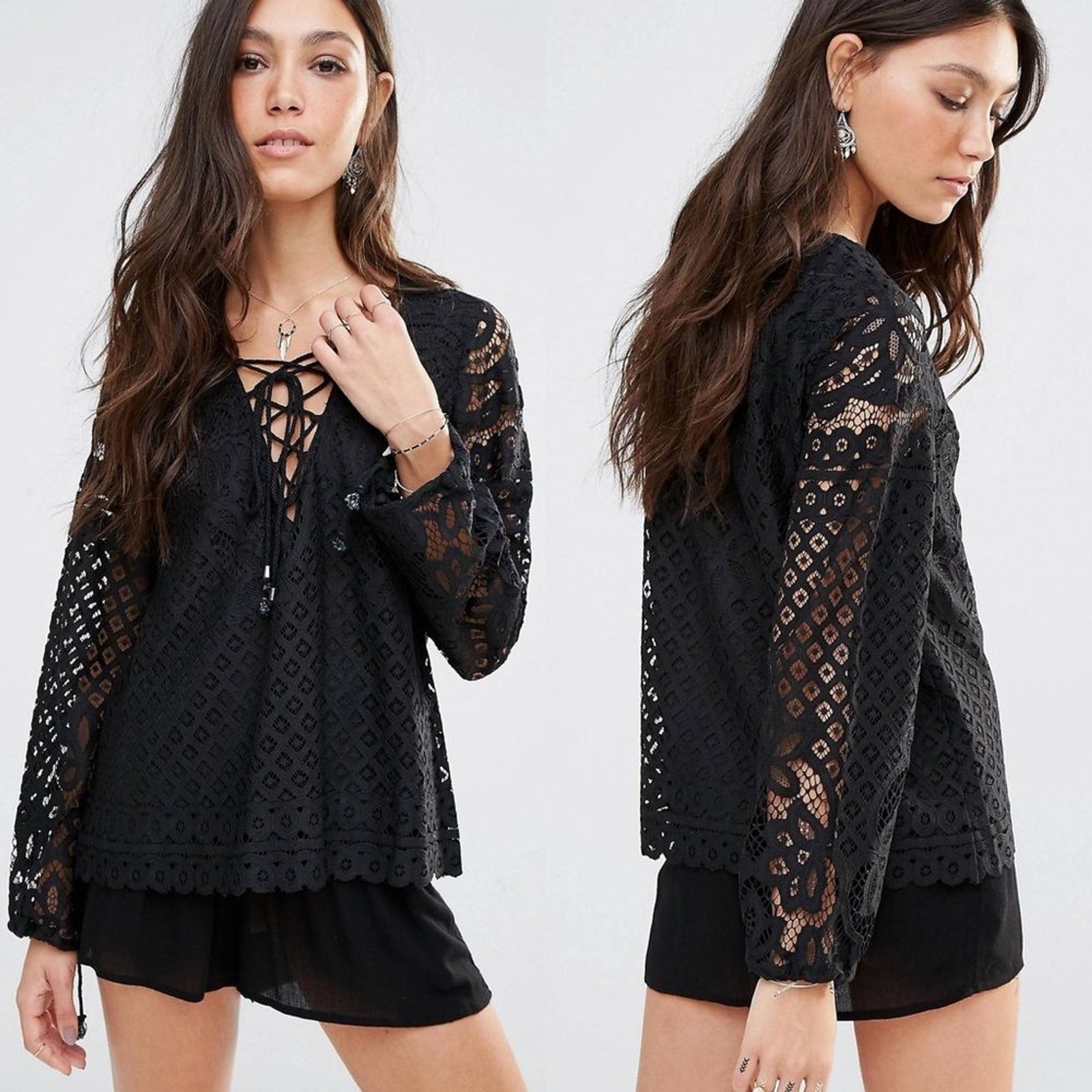 TULAROSA Lace Up Blouse Small Crochet Lace Black Whimsigoth Boho Festival