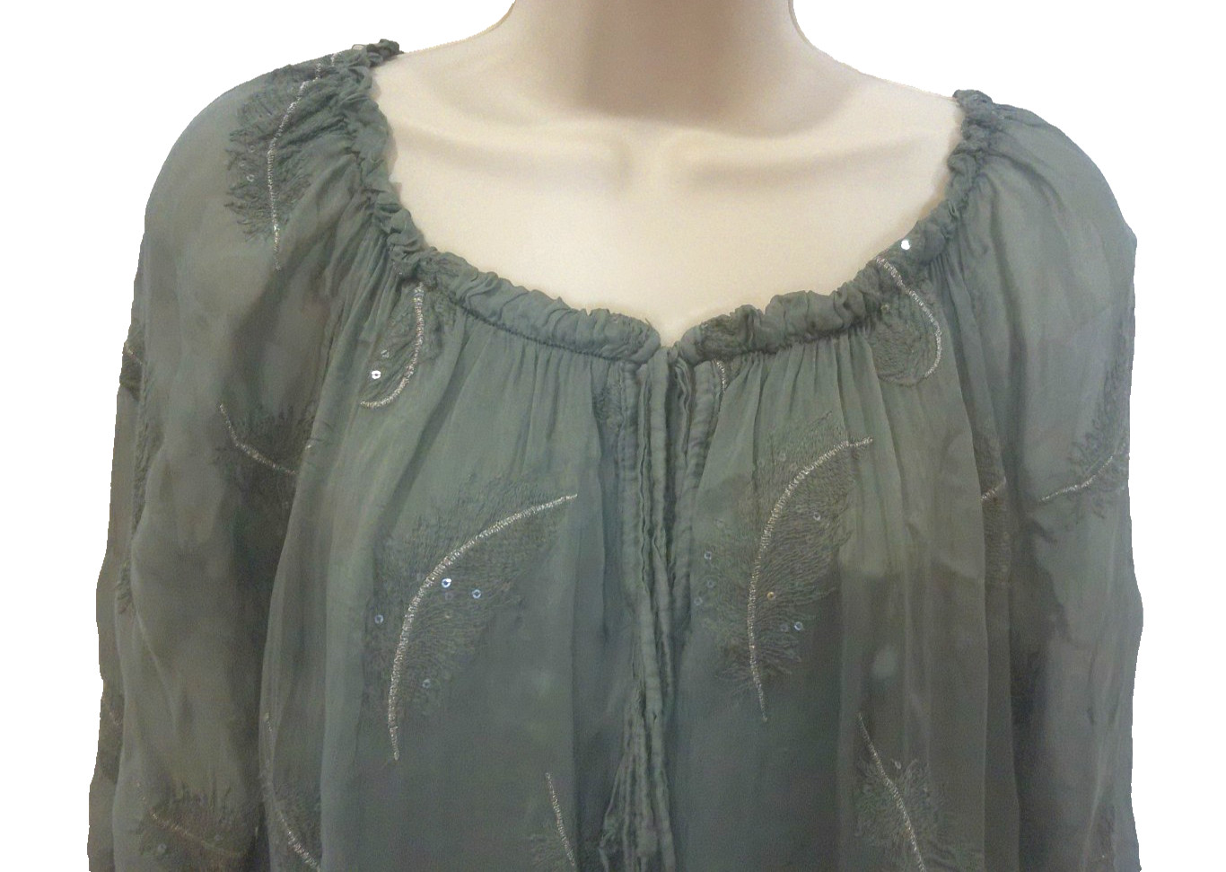 Belle France Women’s Olive Green Embroidered Tunic Blouse w/Bell Sleeves Medium