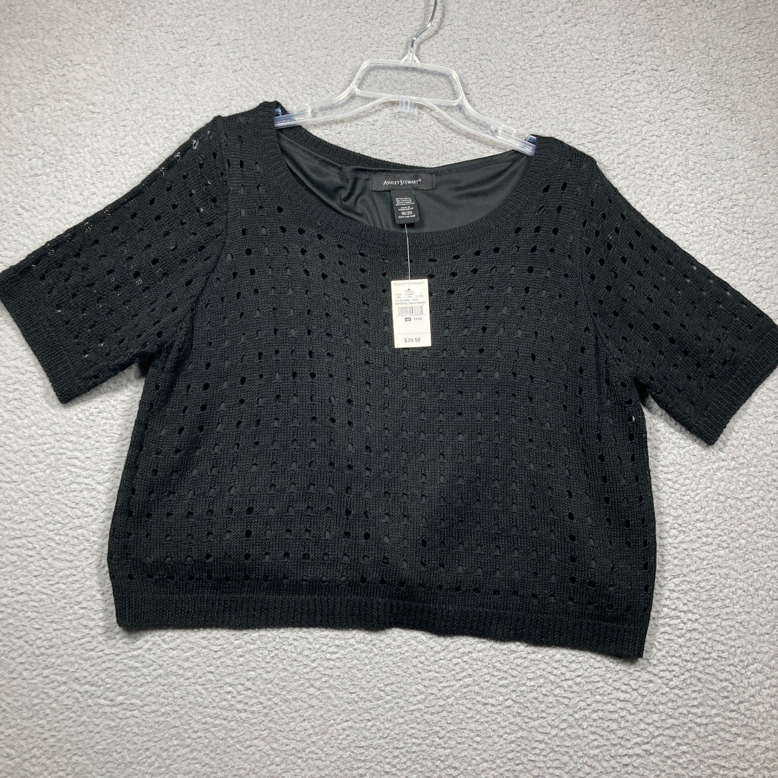 Ashley Stewart Pointelle Knit Top Women 18/20 Black Lined Short Sleeve