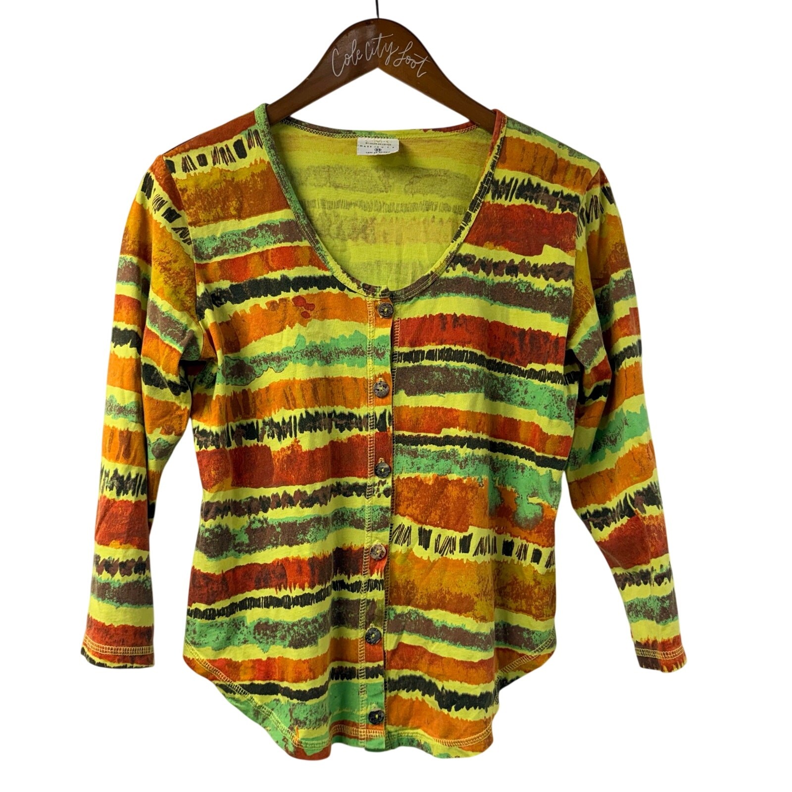 Color Me Cotton Green Striped TopButton Front Scoop Neck XS Vintage