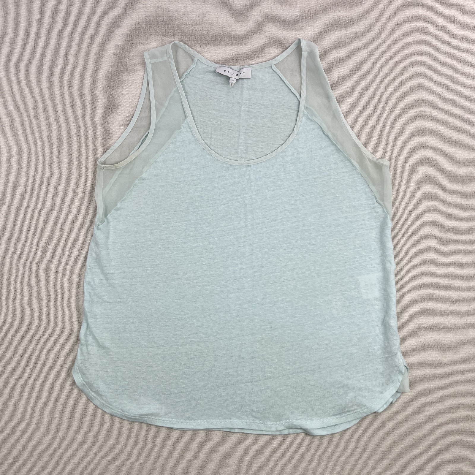 Sandro Tank Top Womens Large Light Blue Sheer Silk Trim Linen Sleeveless Blouse