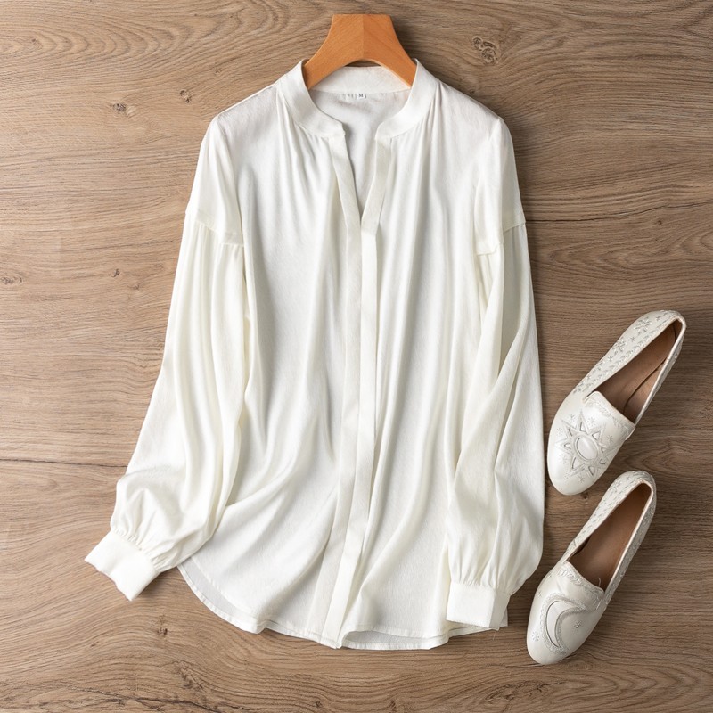 93% Silk 7% Spandex 20 momme White Long Sleeve Women Shirt Top Blouse MM4140
