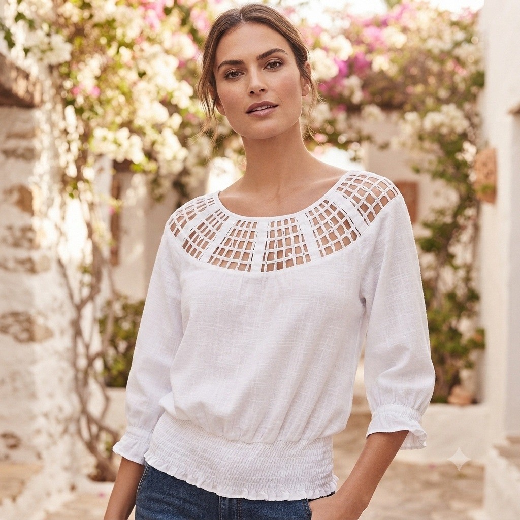 White Lattice Crochet Med Neck Smocked Waist Blouse Boho 3/4 Sleeve Top Trendy