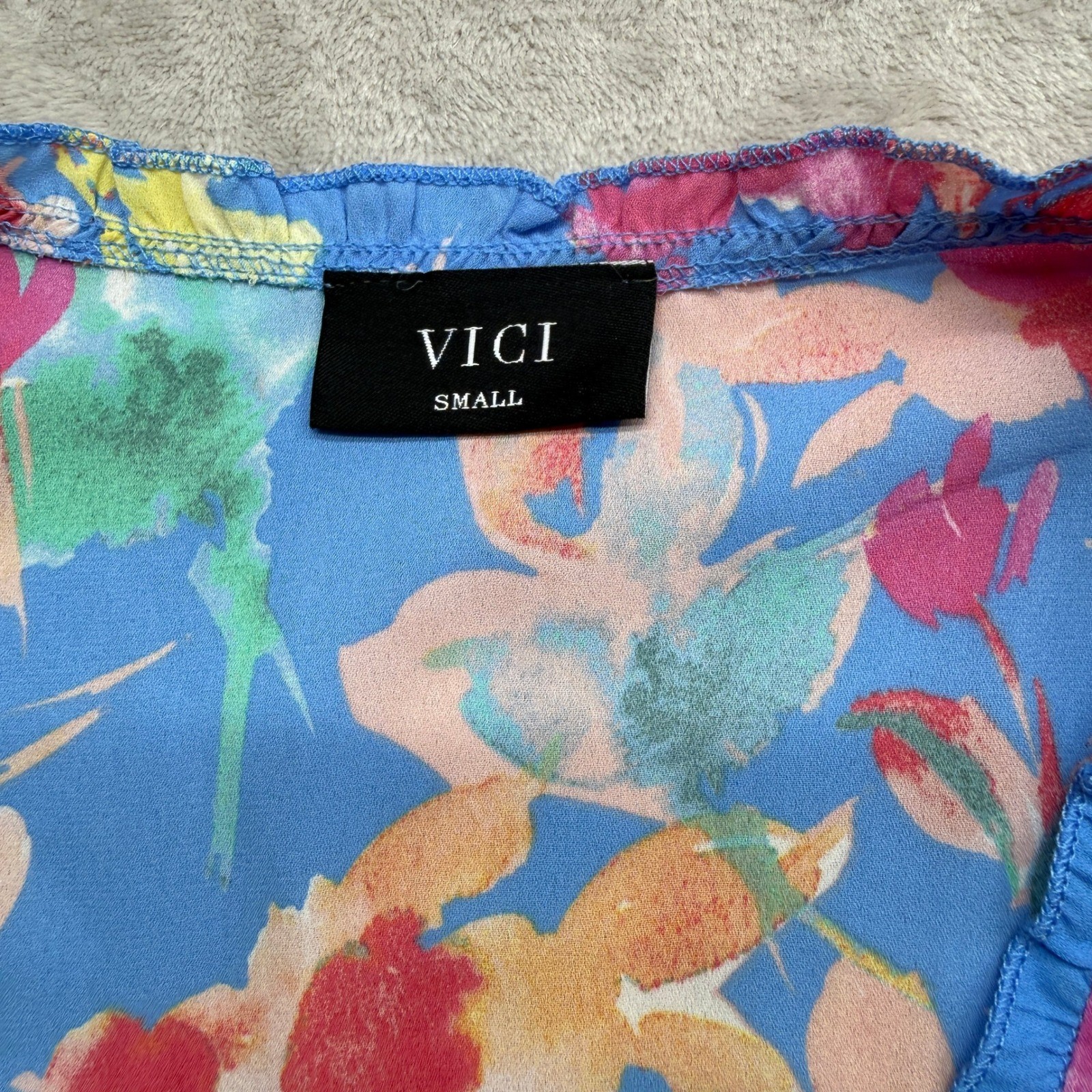 VICI Floral Peplum Blouse Womens Small Blue V-Neck Balloon Sleeve Boho Festival