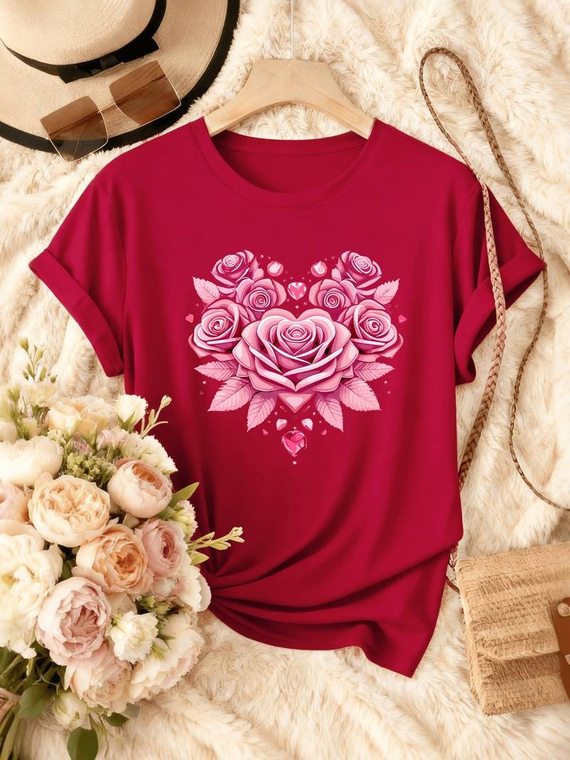 Women Floral Graphic T-Shirt Rose Flower Casual Crew Neck Short Sleeve Tee Top√