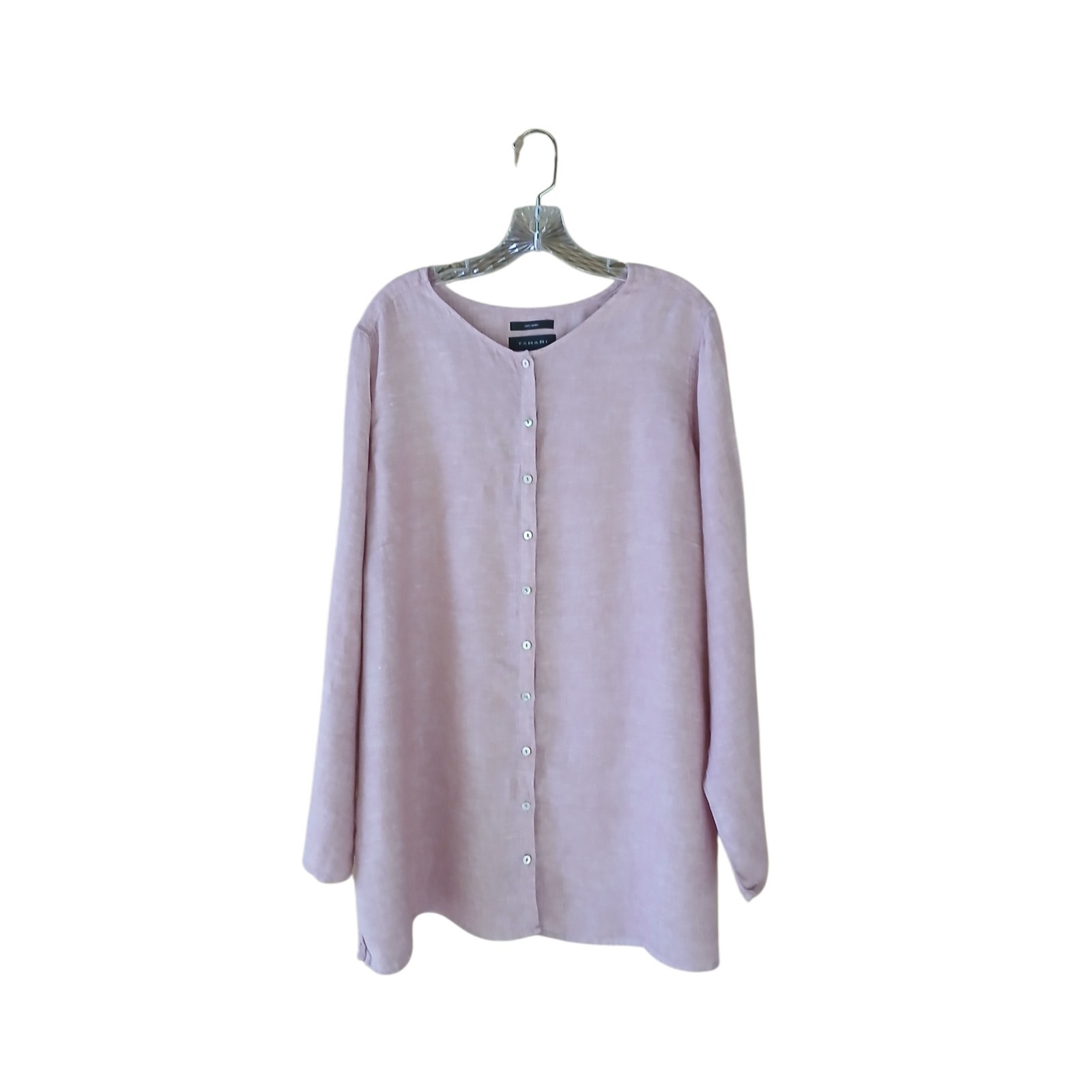 Tahari Women’s Tunic Lagenlook Button Up Long Sleeved Round Neck Linen Pink 2X