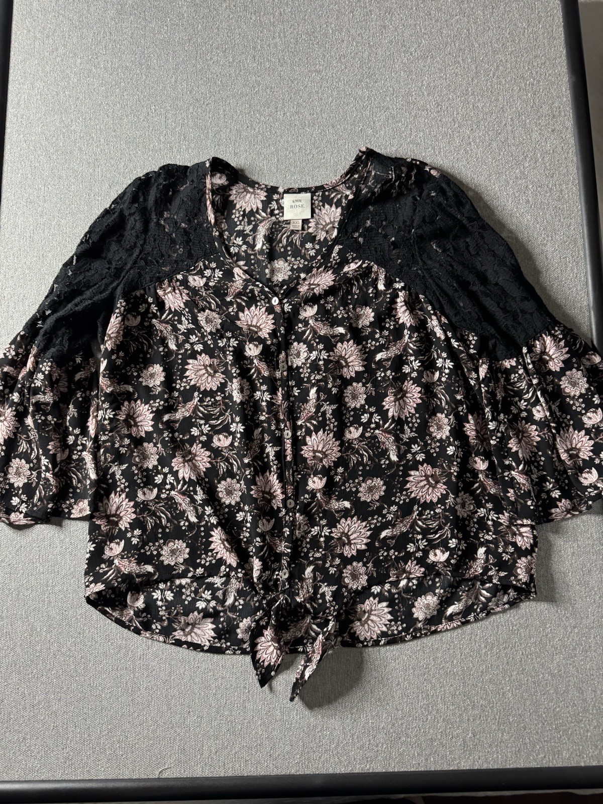 Knox Rose Top Womens XXL Black Pink Floral Lace Bell Sleeve Boho Tie Front