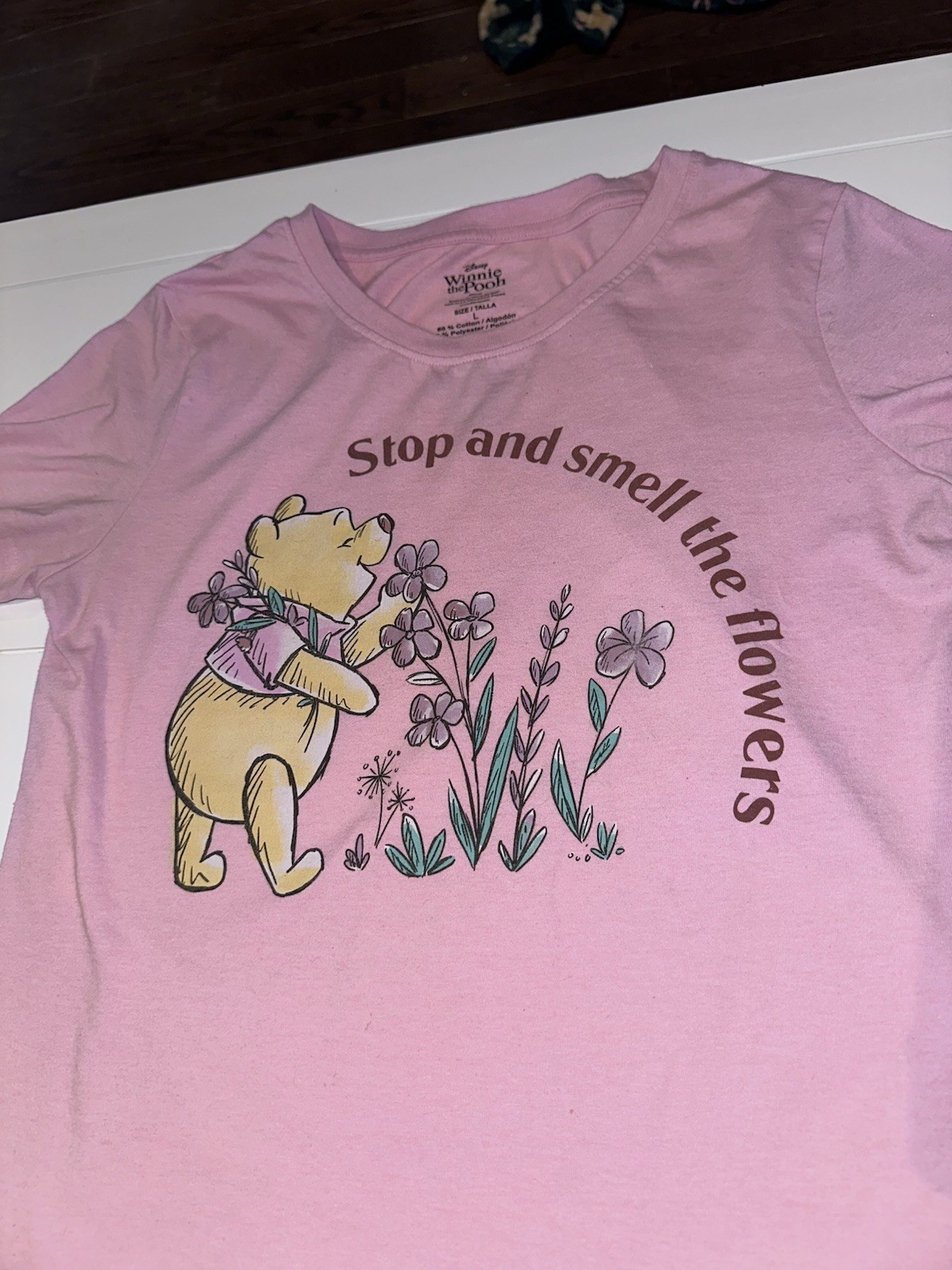 Disney Winnie the Pooh T-Shirt Pink “Stop and smell the flowers” size L