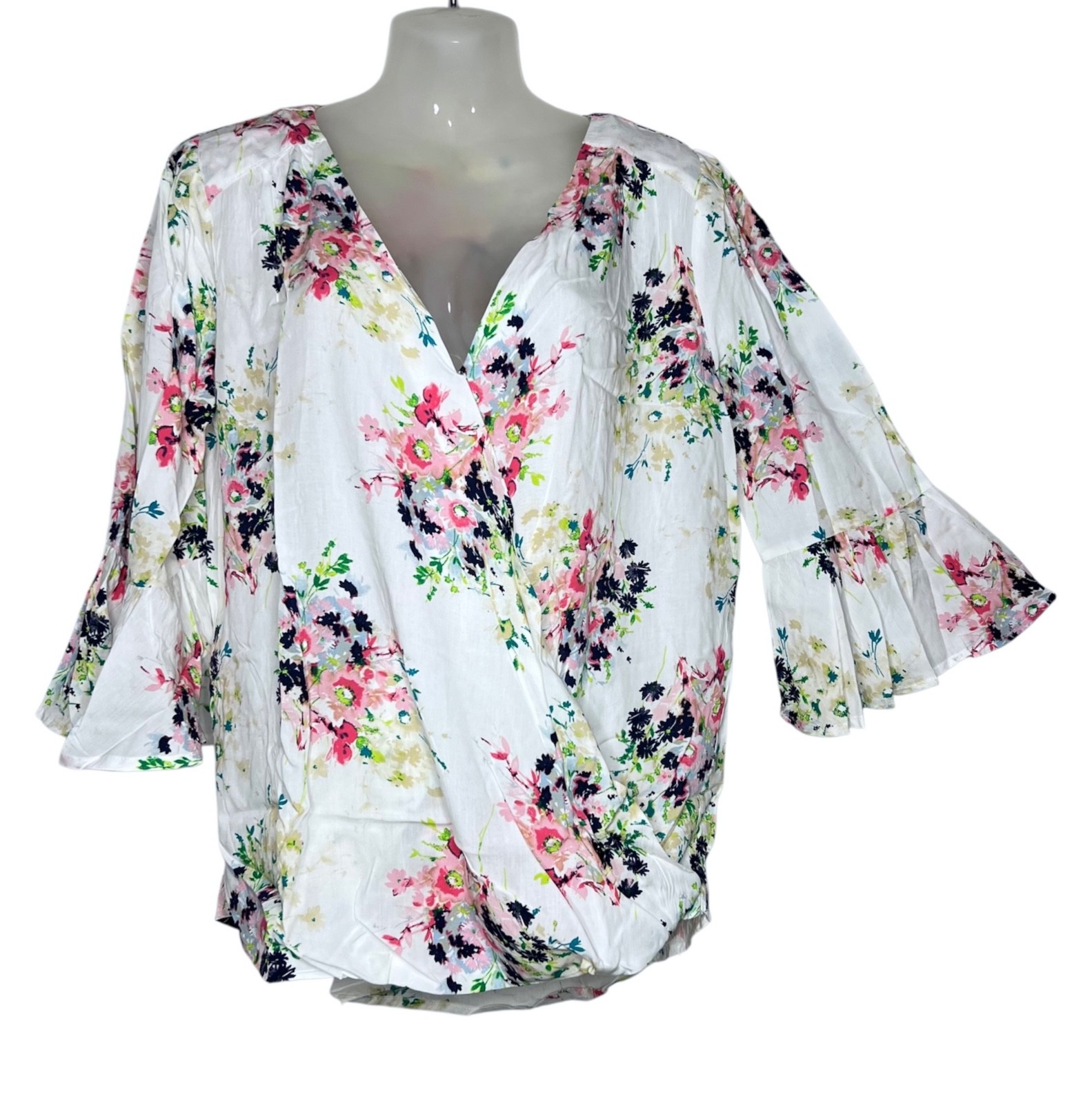 Kori America Floral Faux Wrap Blouse Multicolor Ruffle Sleeve Boho Romantic S