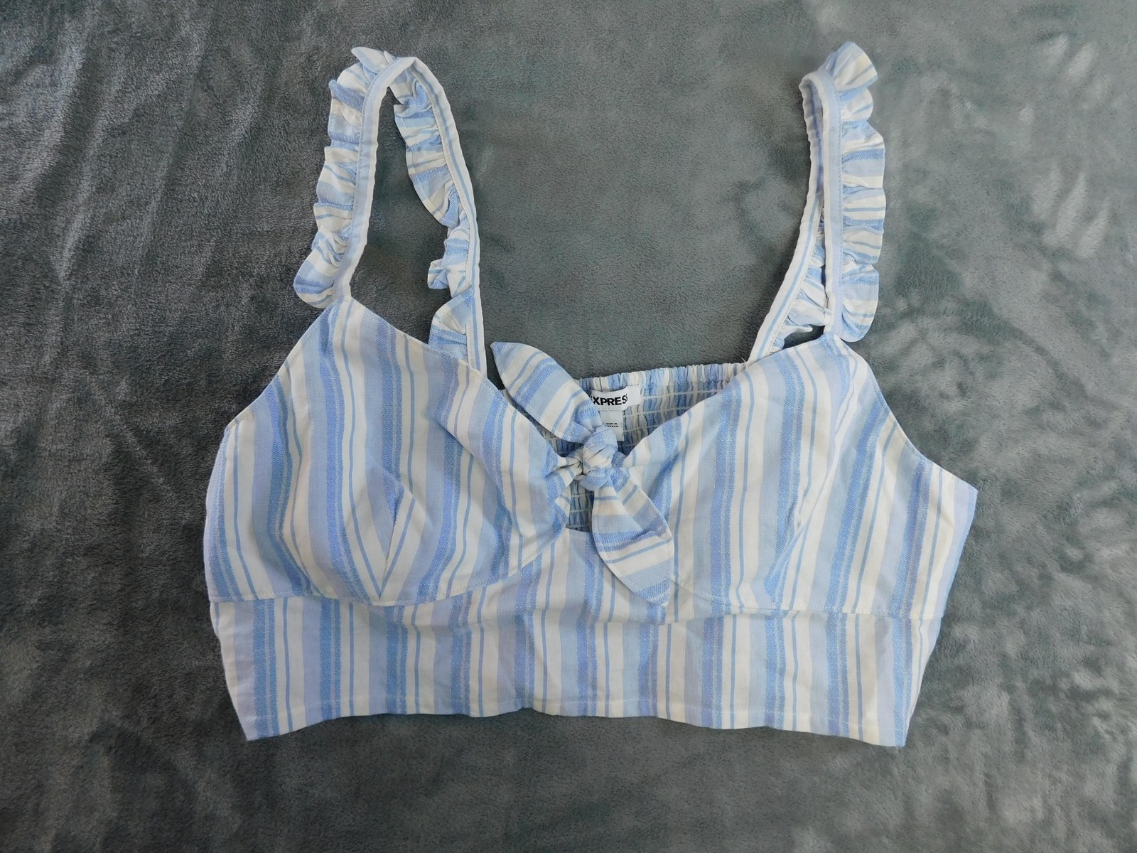 Express Crop Top Womens XL Blue White Striped Ruffle Strap Bow 100% Cotton New