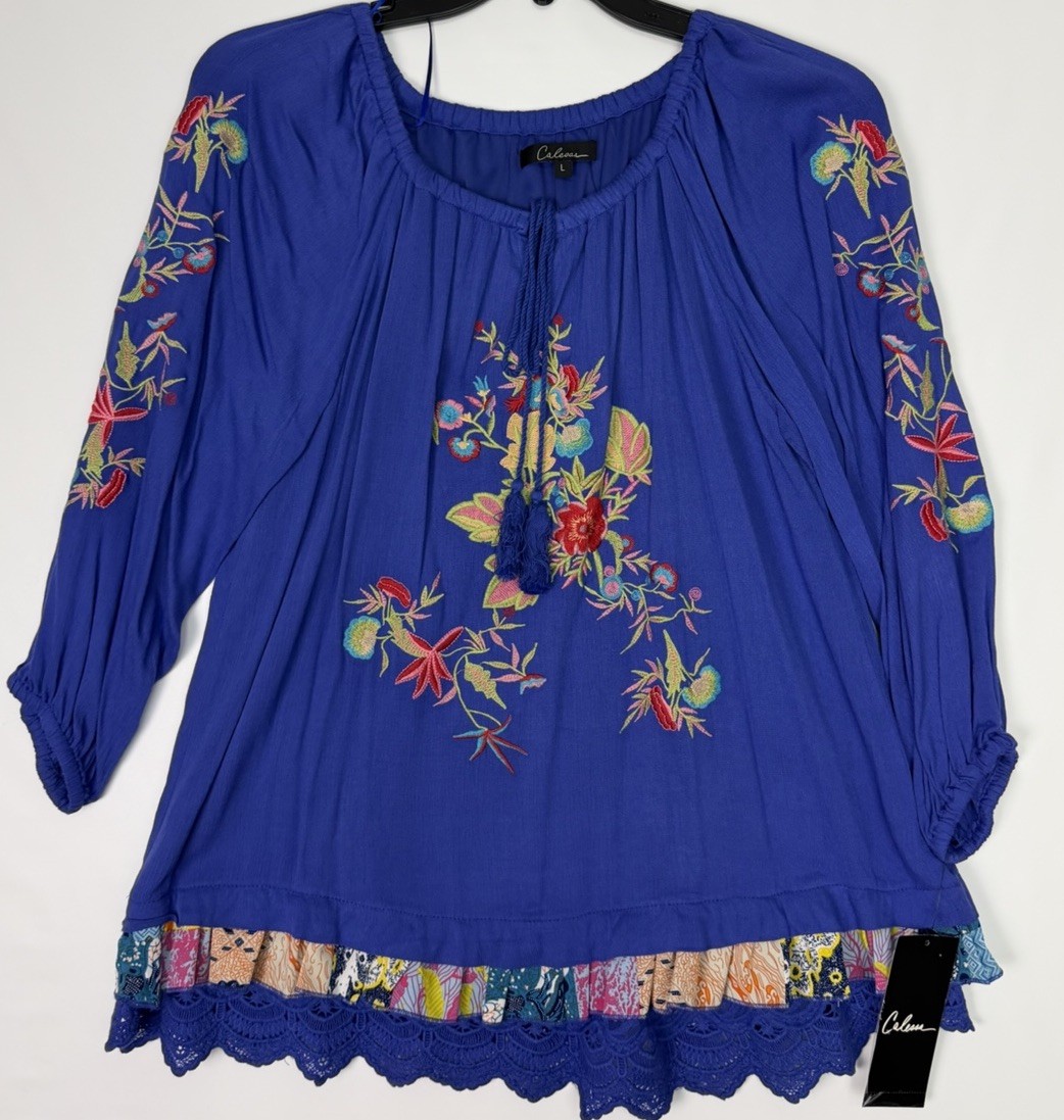 Calessa Women’s Large Blouse Blue Embroidered Tassel Boho Lace Hem Top NWT $79