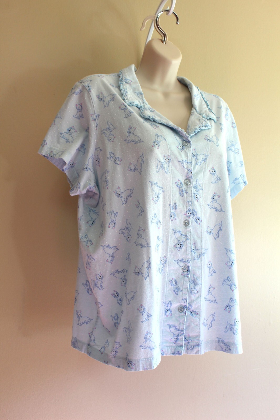 Twee Doggie Pajama Shirt XL Light Blue Cotton Knit Button SS Laura Scott