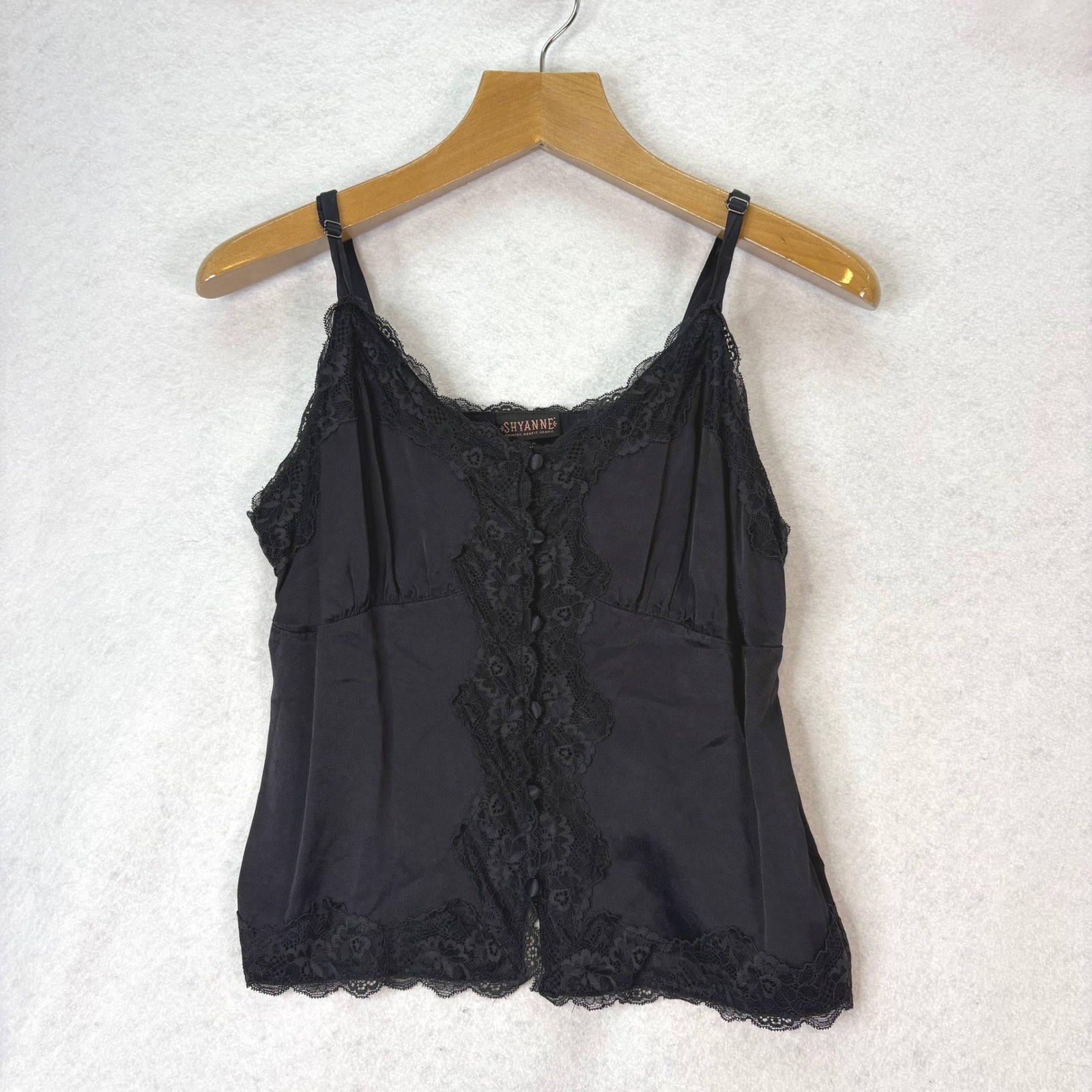 Shyanne Black Lace Trim Satin Button Front Cami Women L Coquette Boho Western