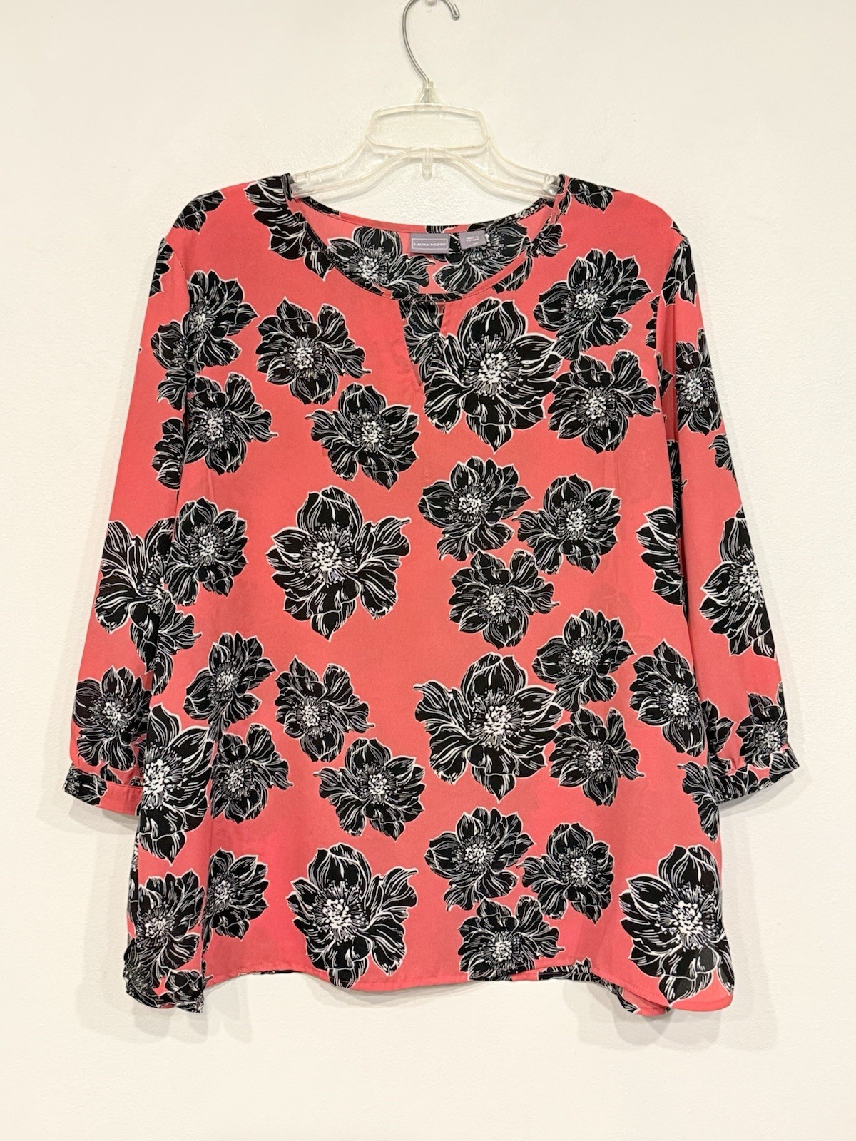 Laura Scott Women’s Blouse XL Pink Black Floral Keyhole Neck 3/4 Sleeve Chiffon