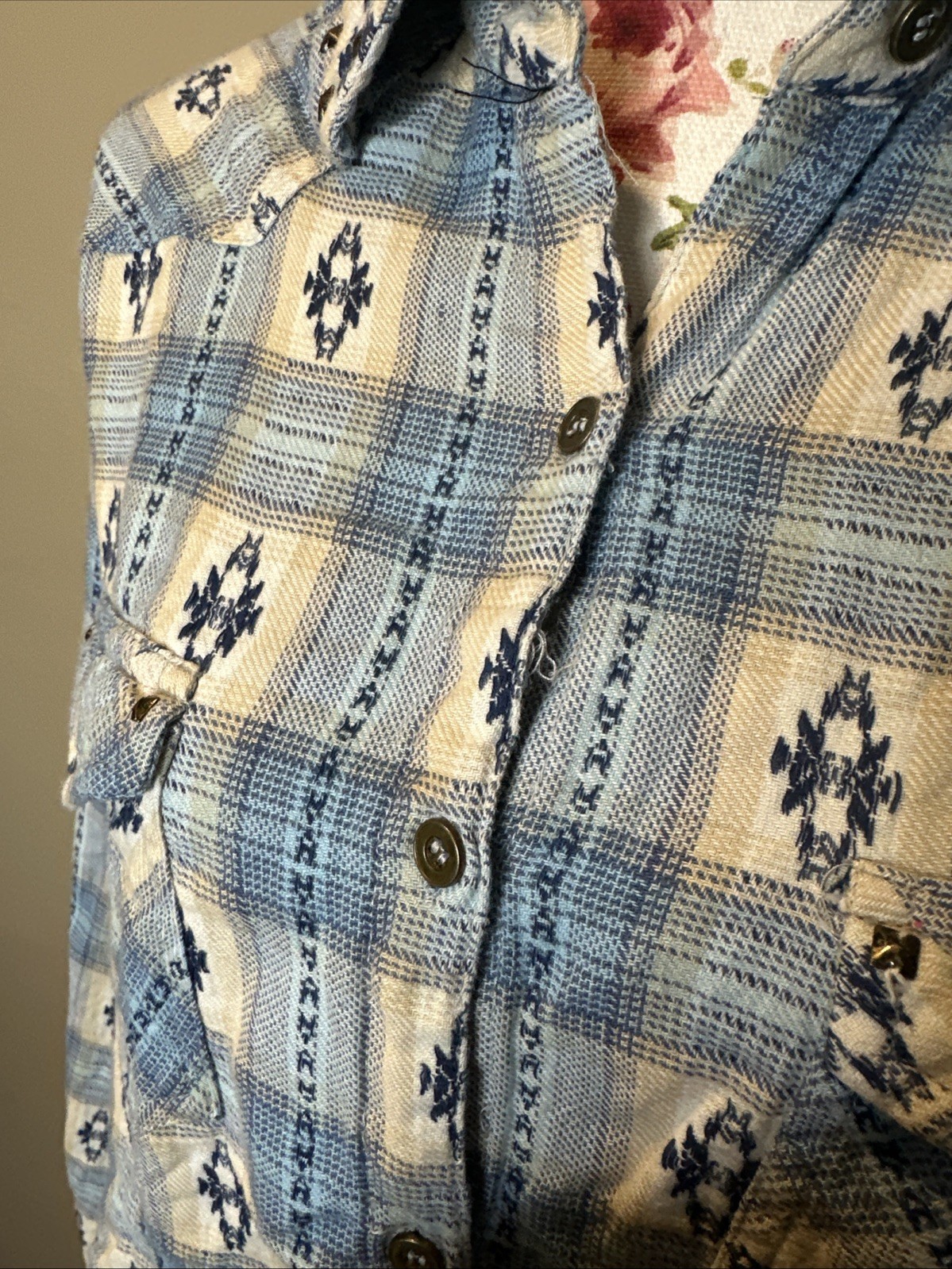Lola P. Shirt Womens Sz XL Blue Western Plaid Button Down Lace Back Contrast