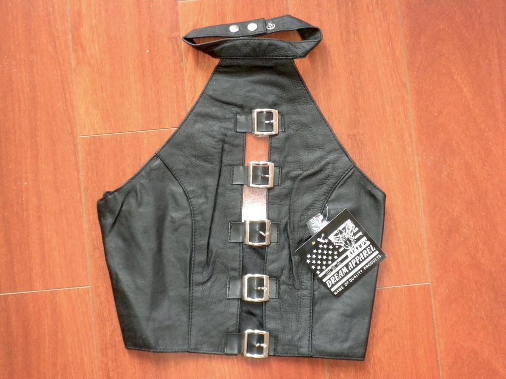 Women’s Genuine Leather Front Buckle Halter Top Motorcycle Biker Attire