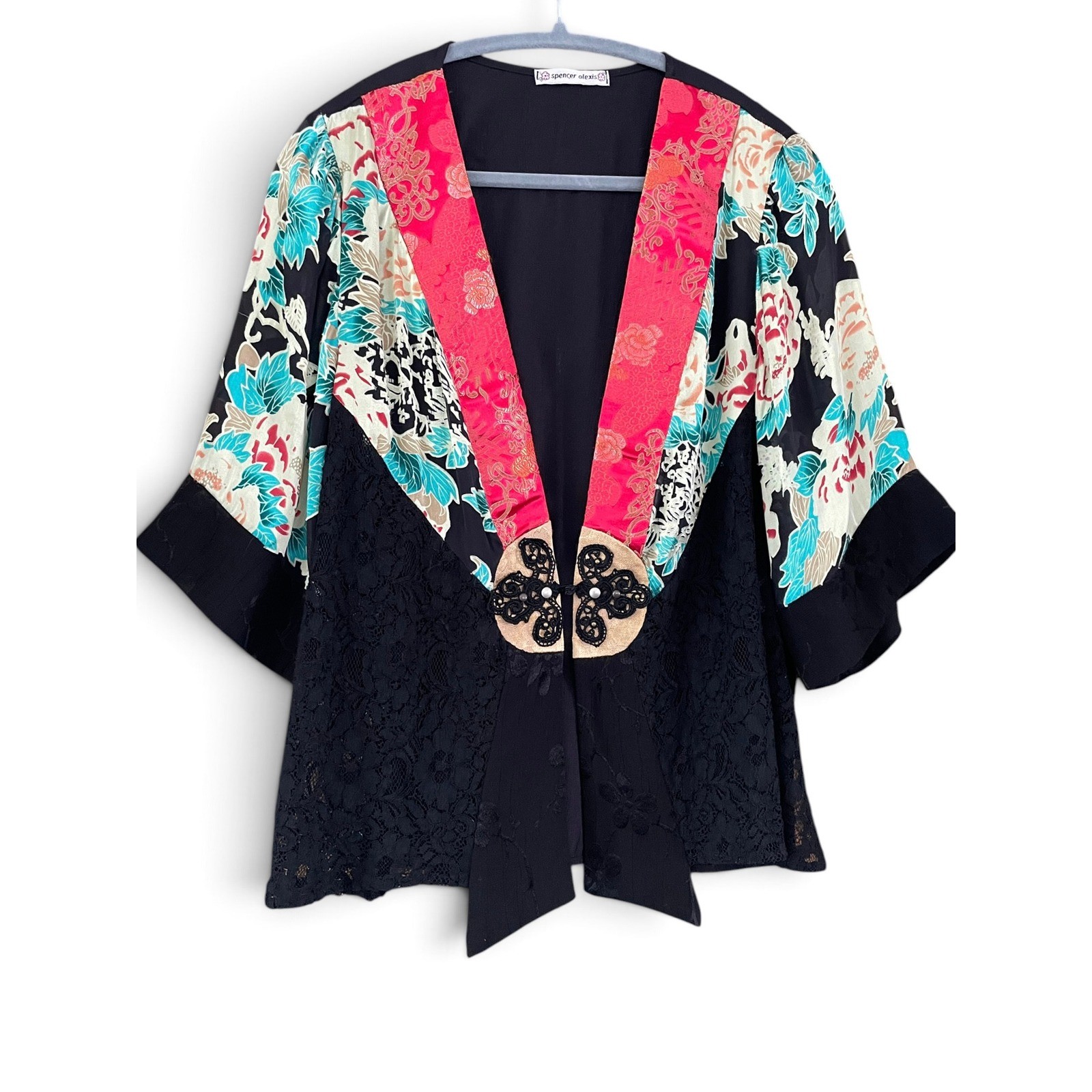 VTG 90s Spencer Alexis Silk Mixed Media Kimono Jacket Lace Floral Whimsigoth M