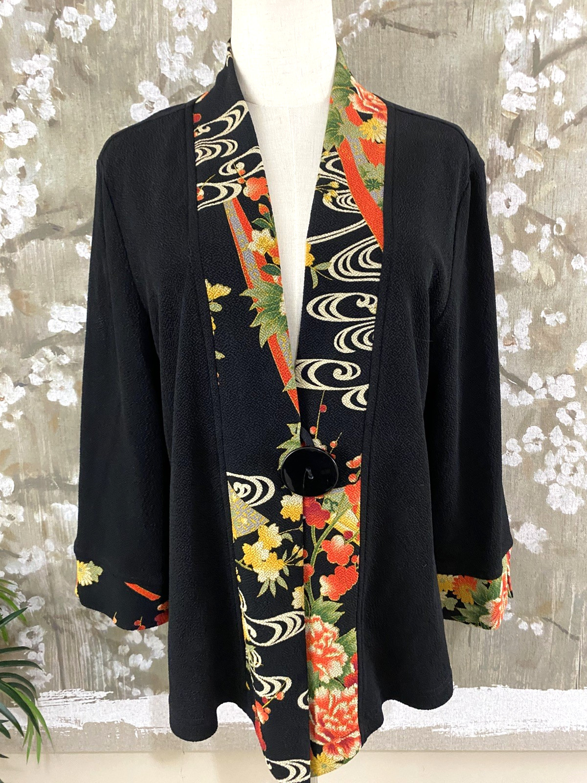 SOFT SURROUNDINGS Black 1 Button Asian Artsy Feel Jacket Top Overlay M N/MINT