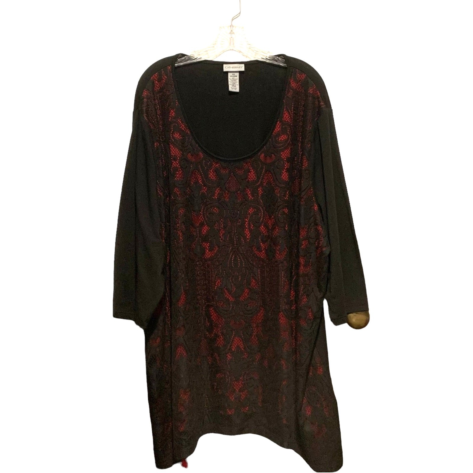 Catherines Top 3X 26/28W Black Lace Over Red Tunic Stretchy Goth Witchy Sexy