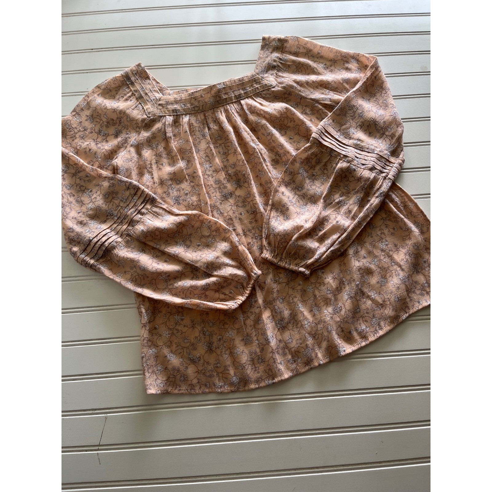 LC Lauren Conrad Peach Floral Square Neck Peasant Blouse Long Sleeve XS