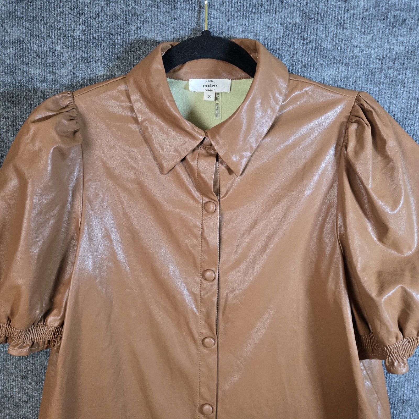 Entro Top Womens S Light Brown Faux Leather Snap Up Puff Sleeve Steampunk Indie