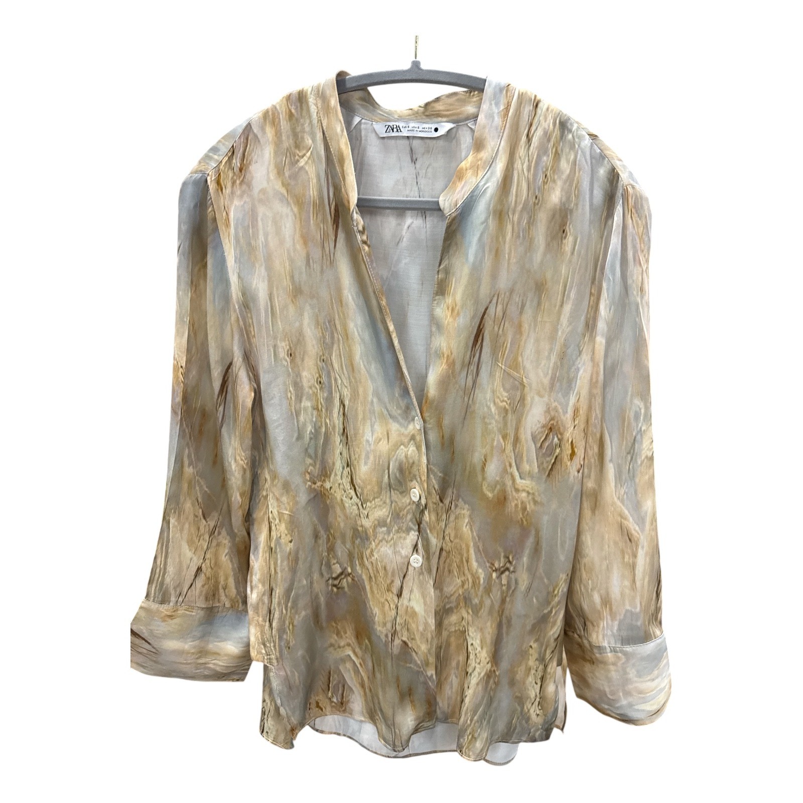 Zara Blouse Womens Small Tan Excellent Quiet Luxury Marble Print Boho Chic