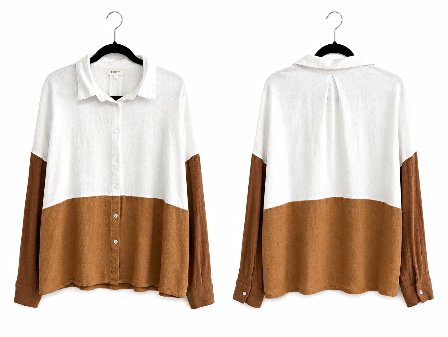 Bohme Women’s L White/Brown Colorblock Woven Collared Button-Up Long Sleeve