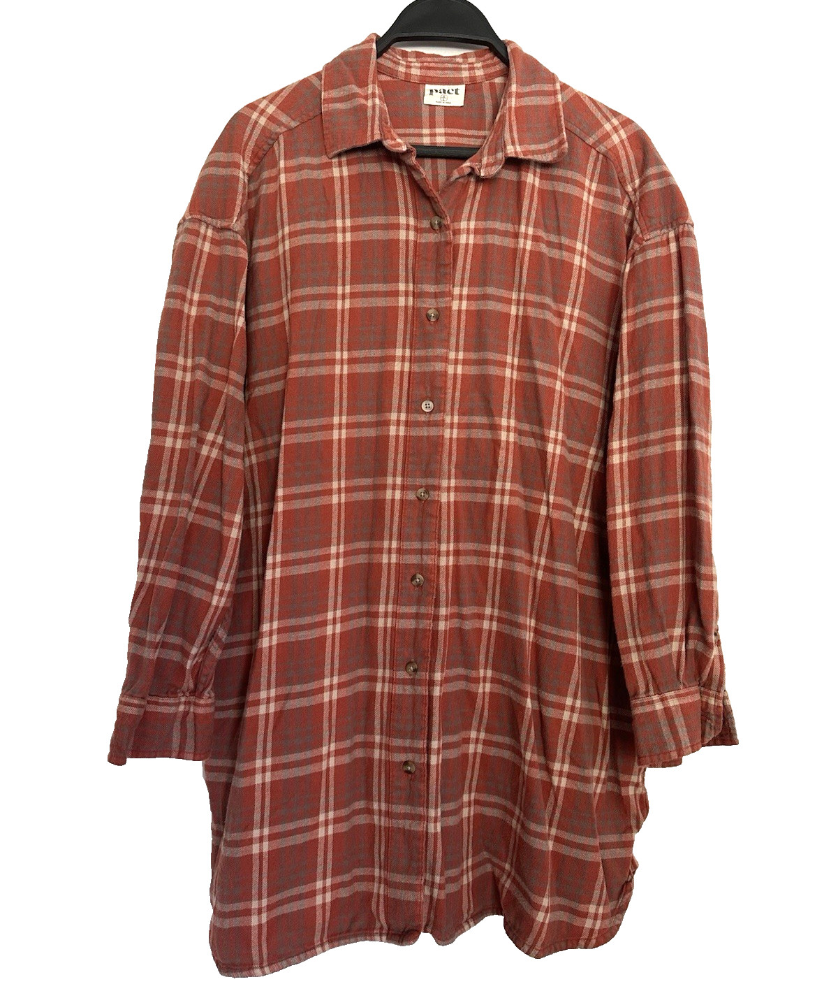 Pact Women’s M/L Fireside Flannel Oversized Shirt Spice Plaid Button Top