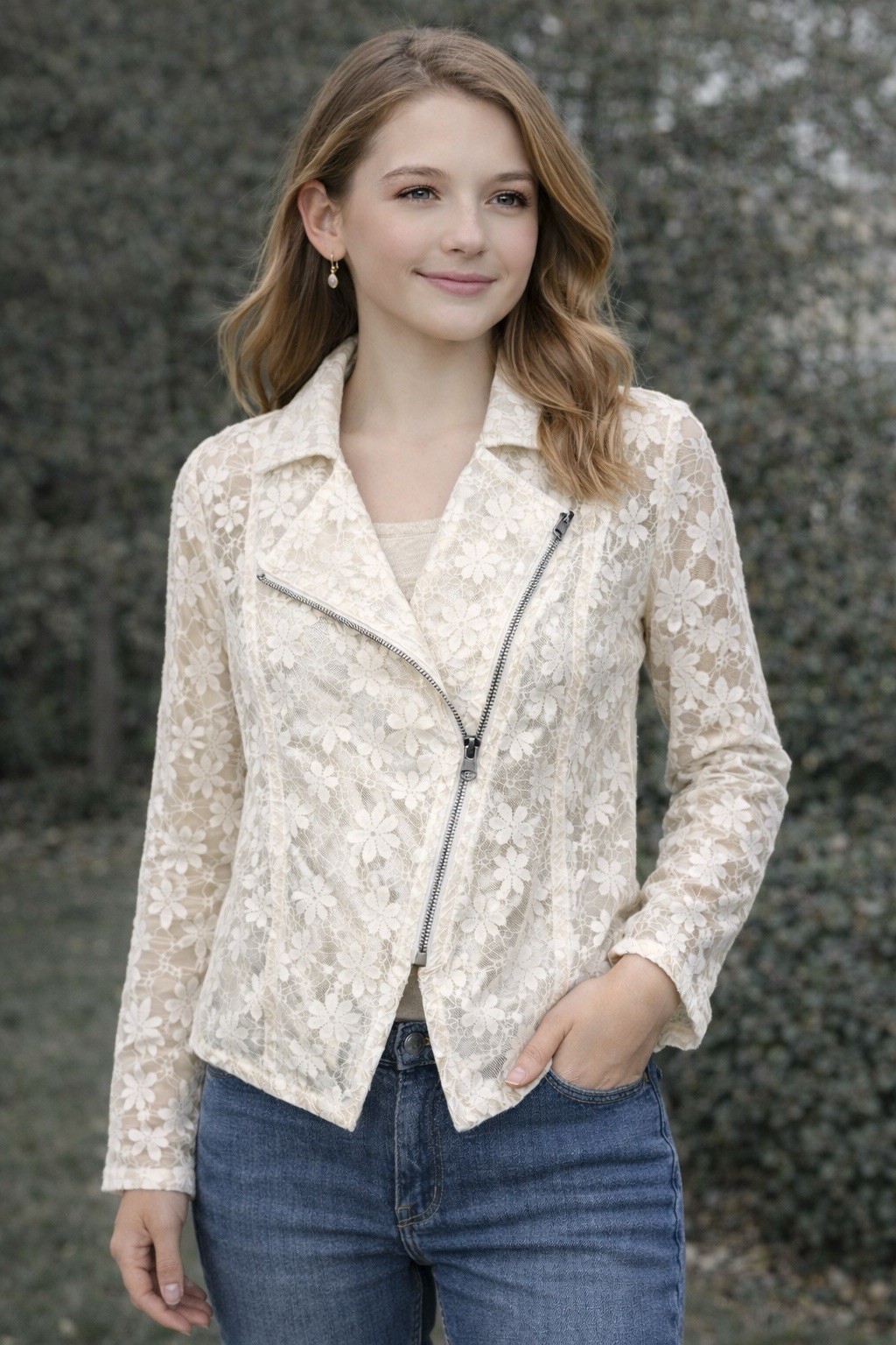 D-Signed Disney Lace Moto Jacket Girls Medium 10-12 Ivory Floral Zip Blouse Top