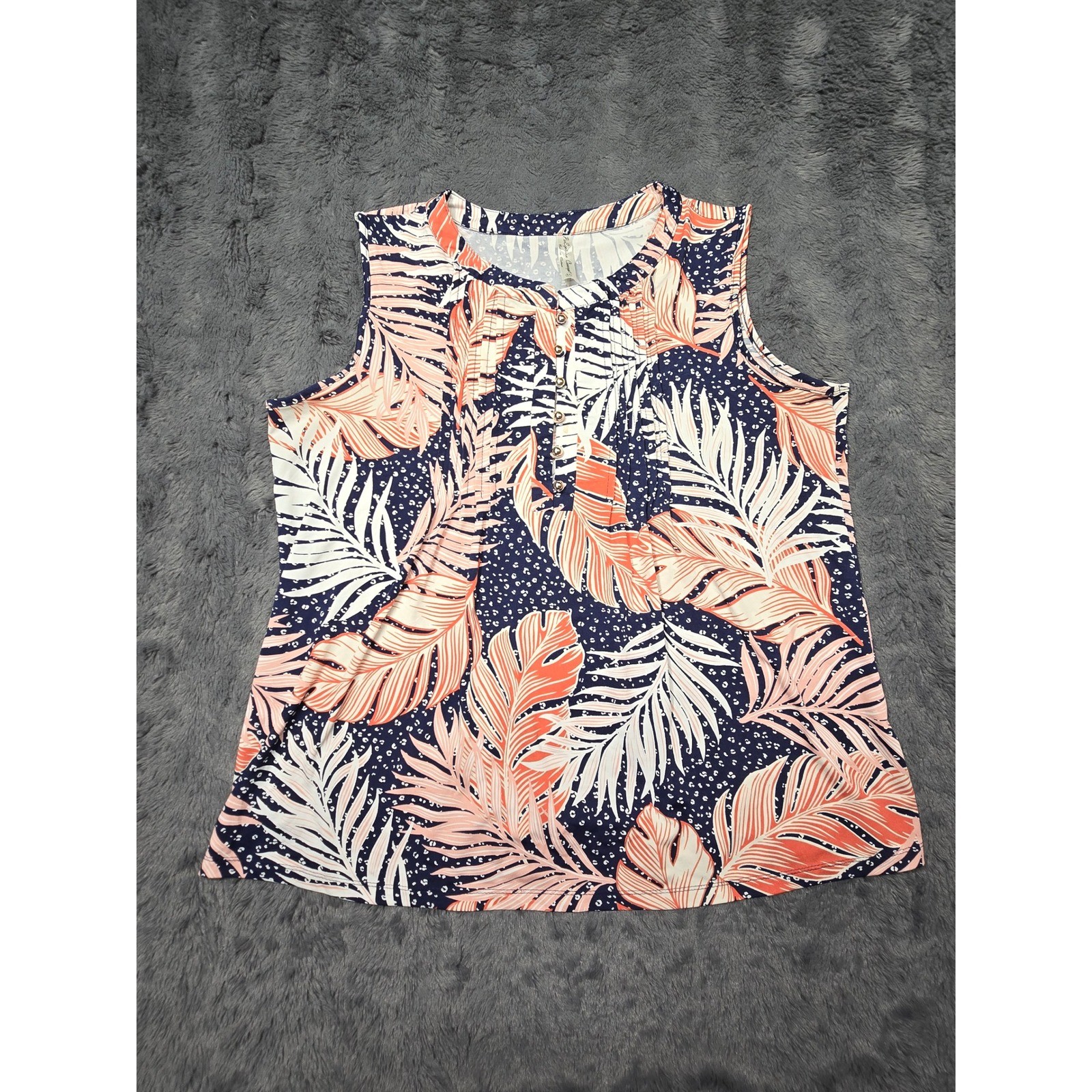 Perception Concept Tropical Palm Leaf Sleeveless Blouse Navy Coral XL 0248