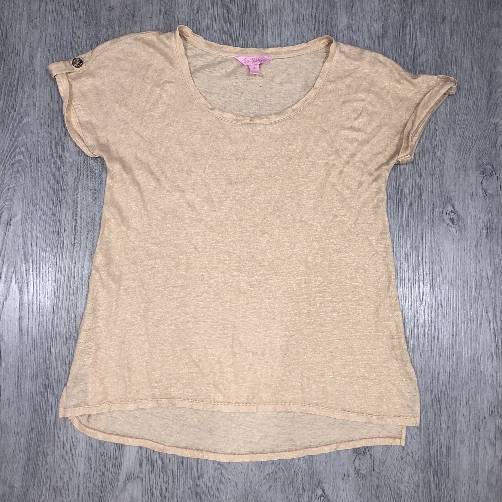 Lilly Pulitzer Size XS Inara Sand Dune Gold Shimmer Roll Tab Linen Tee Top