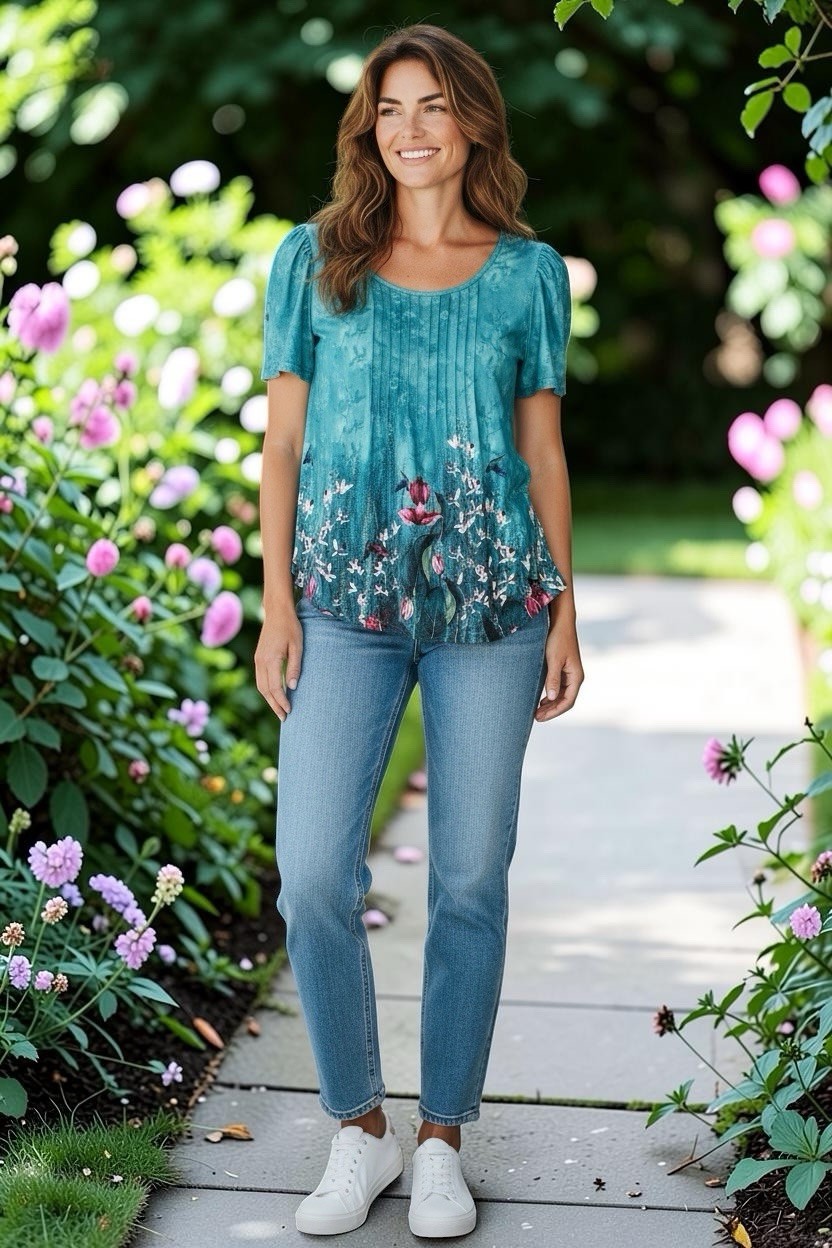 Ofeefan Women’s XL Top NWT Teal Floral Pintuck Watercolor Short Sleeve Blouse