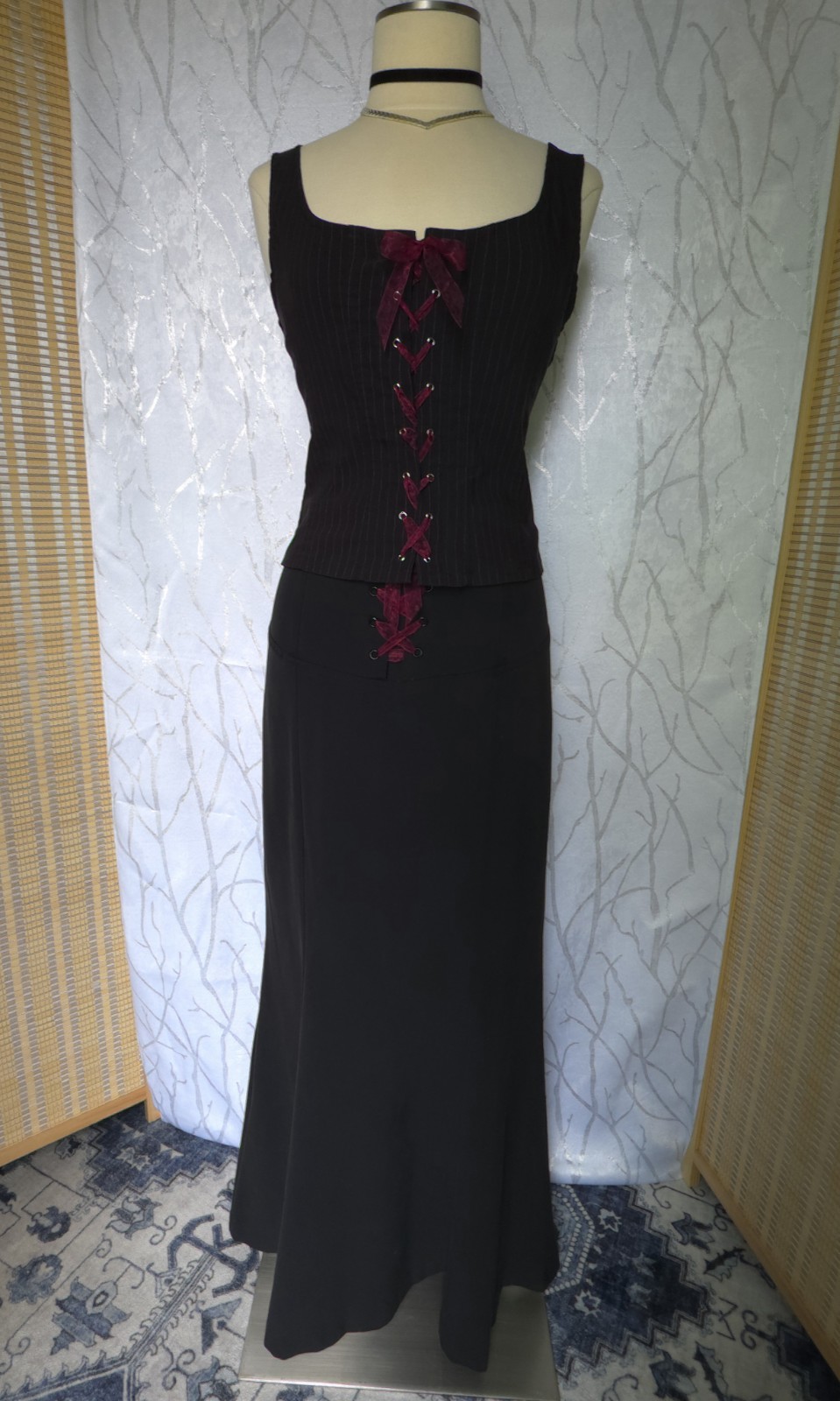 Vintage 90s y2k 2000s Corset Vest Top Black & Red Pinstripe Whimsygoth Office
