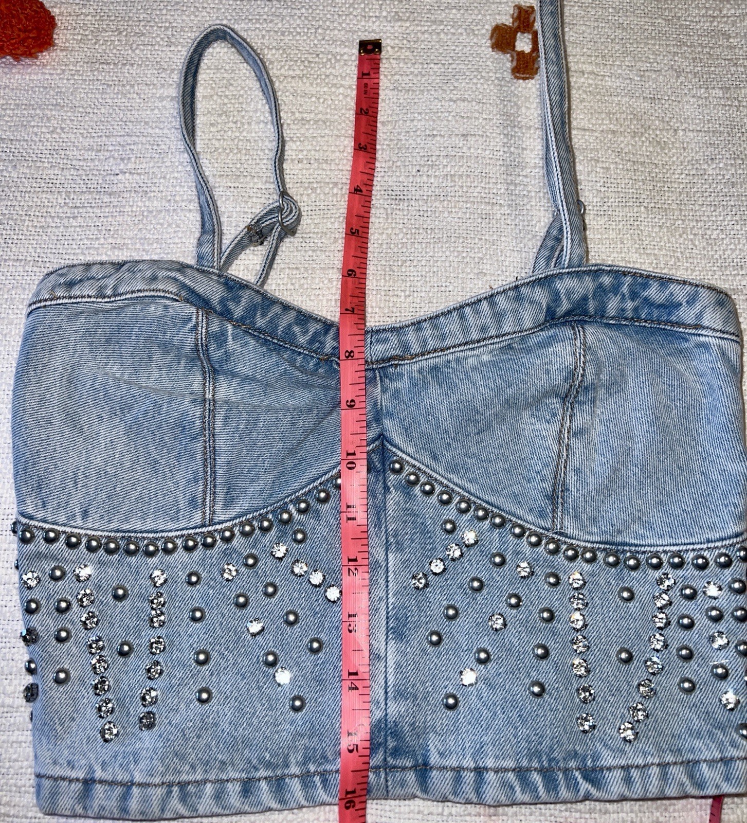NWT BLANK NYC Light Wash Starstruck Embellished Denim Crop Top MED Festival Hot