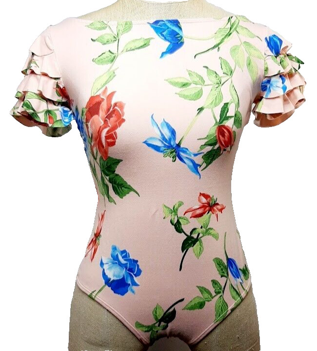 Ragged Womens Bodysuit top Size S Stretch Colombian Brand Baby Pink Floral