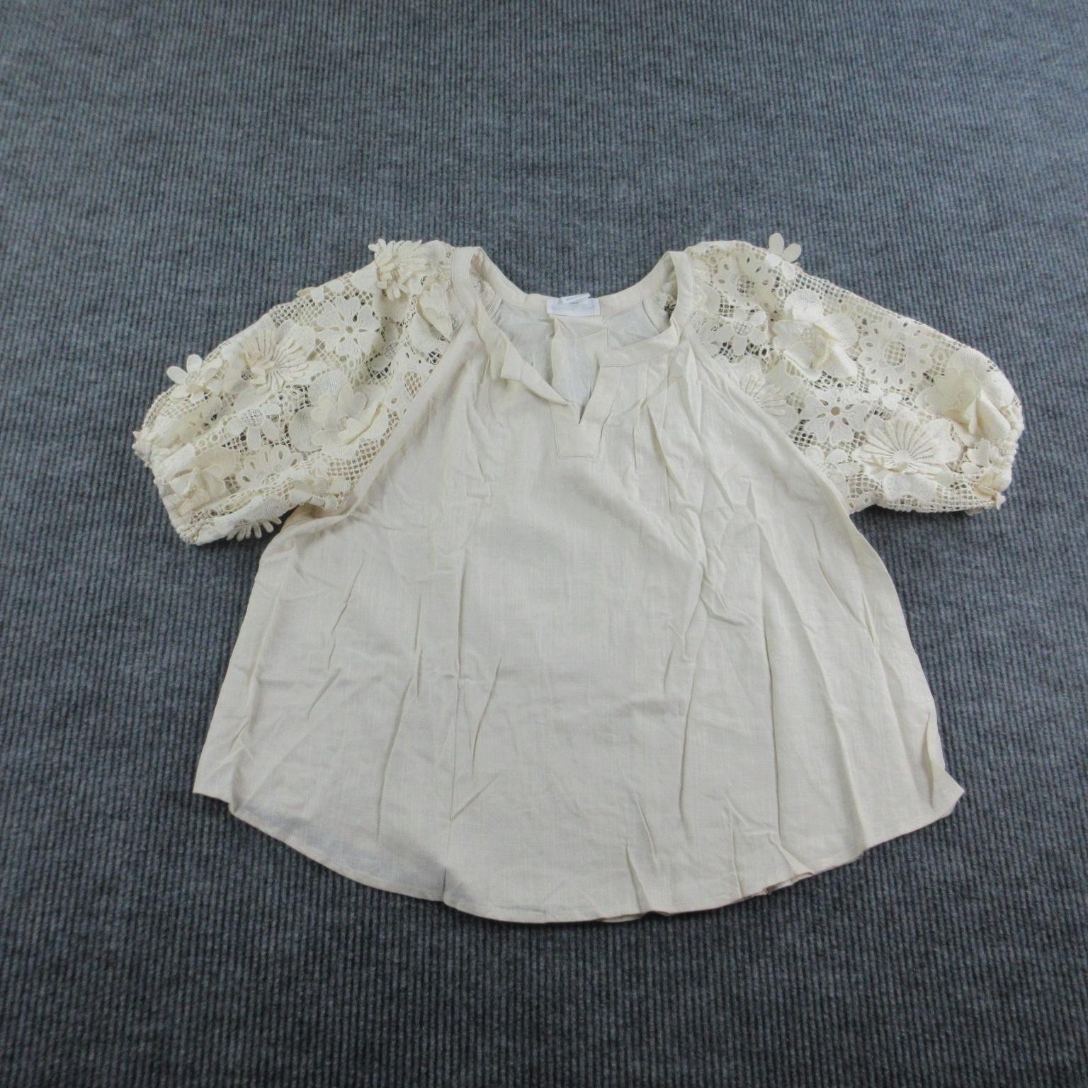 CHICSOUL Blouse Womens 3X White Tunic Puff Sleeve Crochet Pleated Linen NWOT