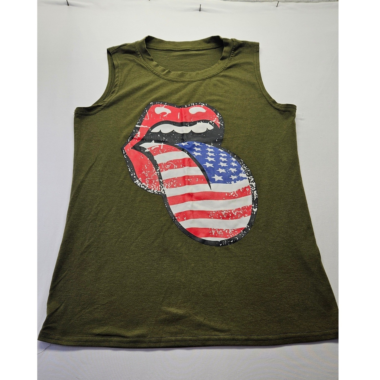 Rolling Stone American Flag Tongue Graphic Tank Top Olive Green Muscle Tee Small