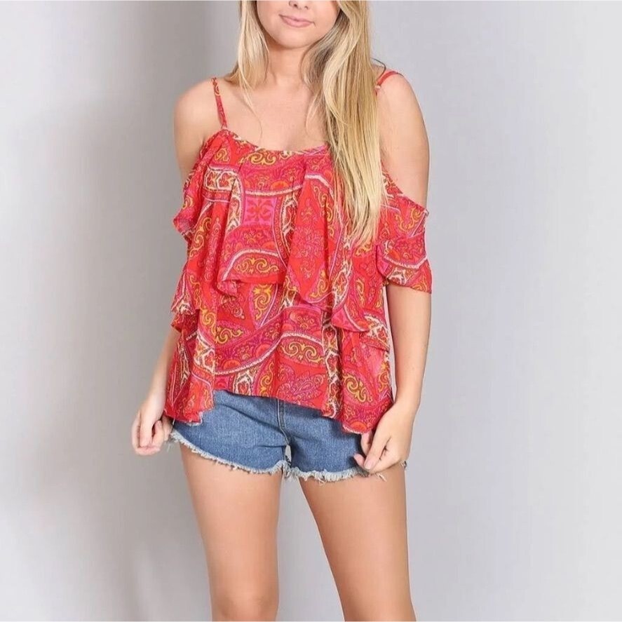 Show Me Your Mumu women’s medium red patterned off shoulder spaghetti strap top
