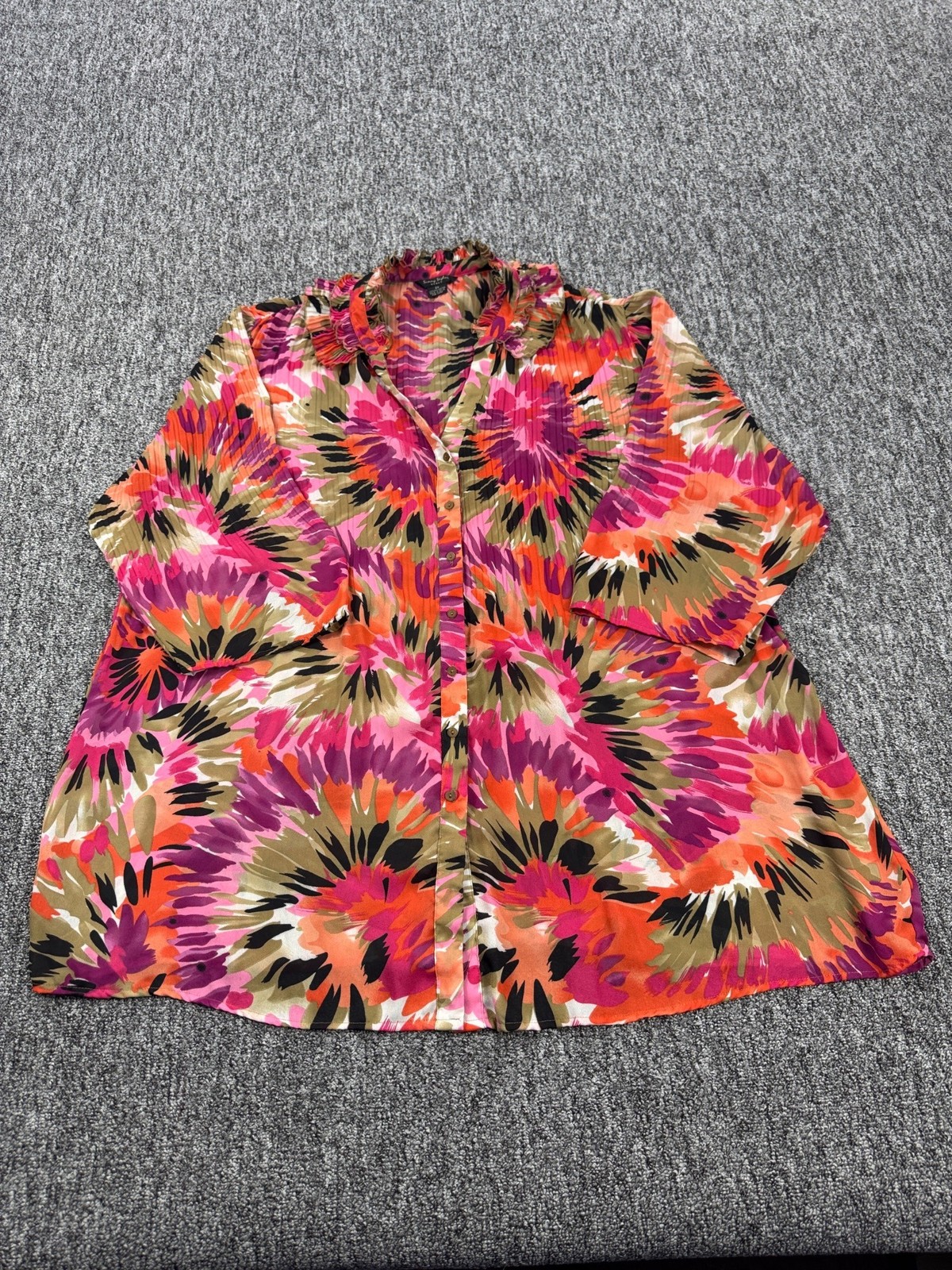 Sunny Taylor Top Women 2X Pink Floral Watercolor Tropic Crinkle Collar Blouse